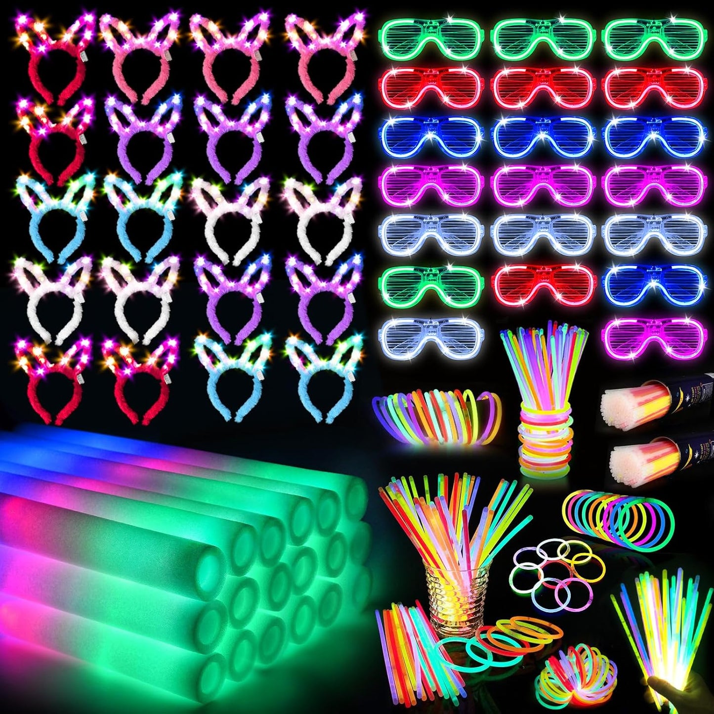 260 PCS Glow in the Dark Party Supplies, New Year Party Favors - 20 Foam Glow Sticks, LED Glasses, Bunny Ear Headbands and 200 Glow Sticks for Kids or Adults