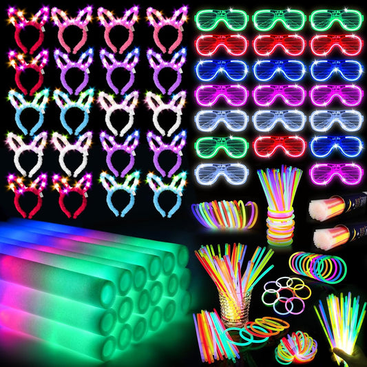 260 PCS Glow in the Dark Party Supplies, New Year Party Favors - 20 Foam Glow Sticks, LED Glasses, Bunny Ear Headbands and 200 Glow Sticks for Kids or Adults