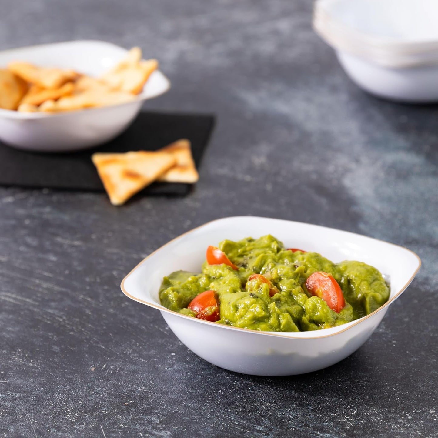 PLASTICPRO White Plastic Organic Party Square Dessert bowls White With Gold Rim Elegant Disposable Tableware Dishes 6 OZ 32 Count