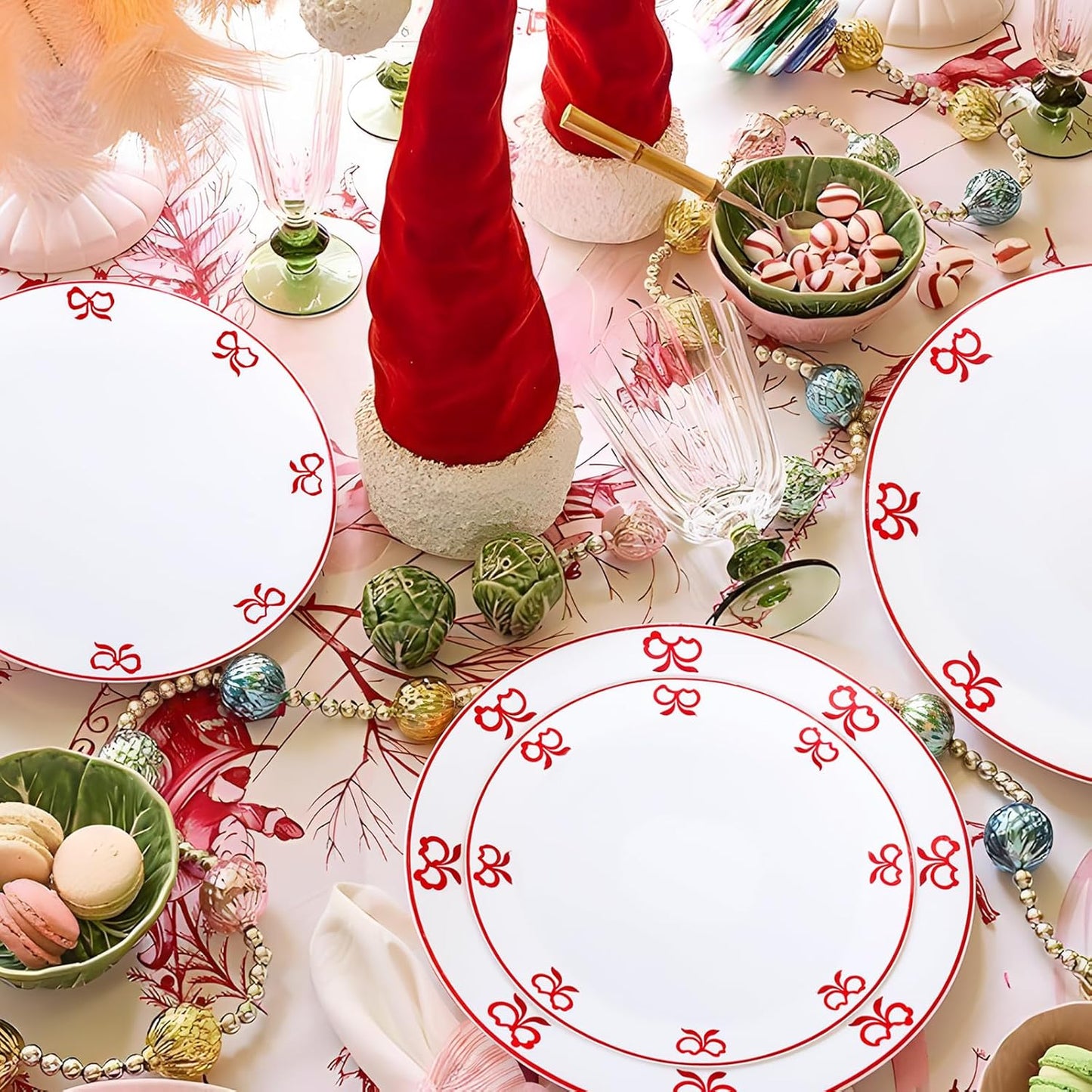 125PCS Red Bow Plastic Plates - White and Red Rim Disposable Plates - 50 Elegant Plates with Bowknot Patterns, 25 Forks, 25 Spoons, 25 Knives for Birthday & Christmas Party