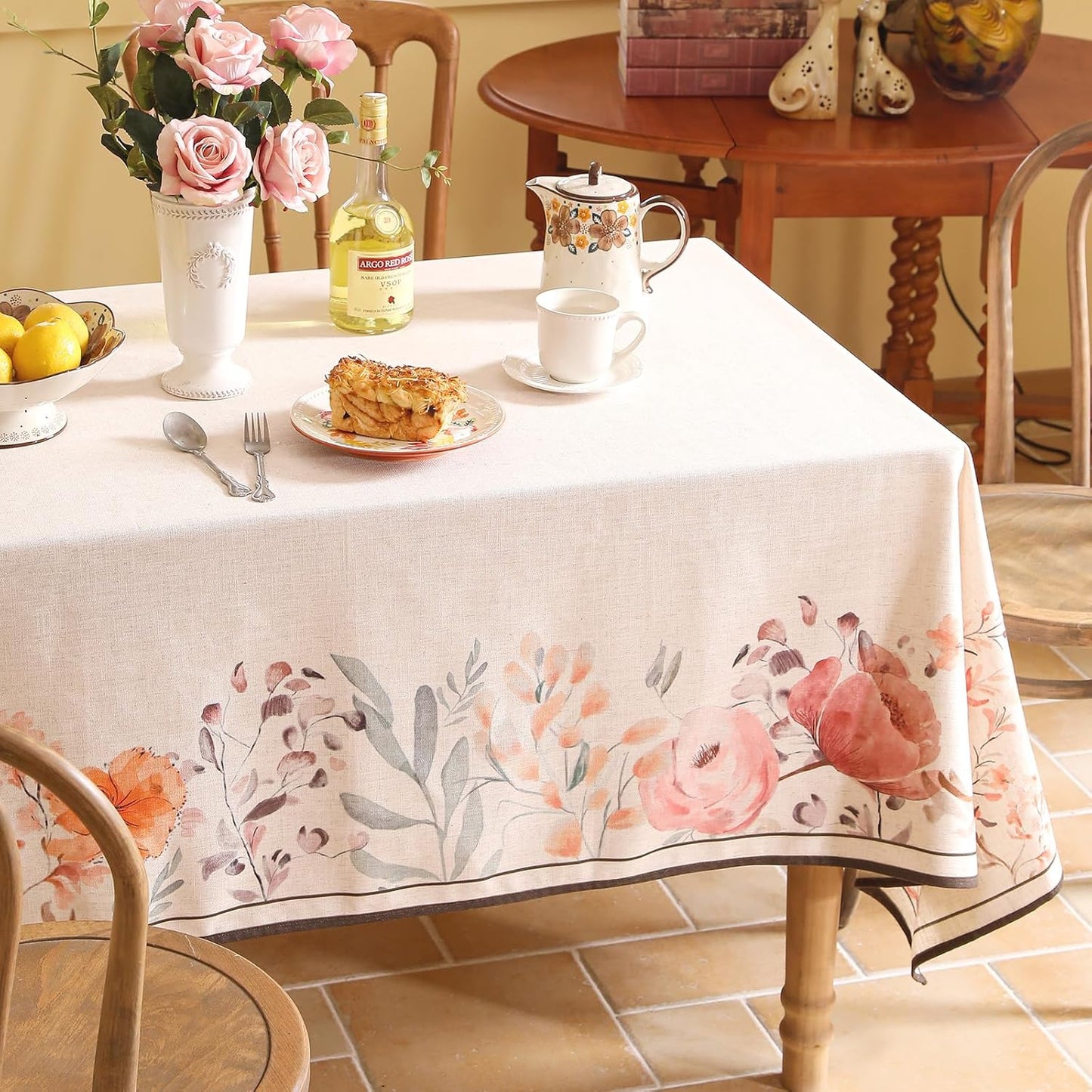 Linen Long Rectangle Tablecloth,French Vintage Pink Floral Pattern Wrinkle Free Table Cloth,Decorative Table Cover for Kitchen,Dining,Tea Party,Thanksgiving,Christmas,63"*94"-Sloosa