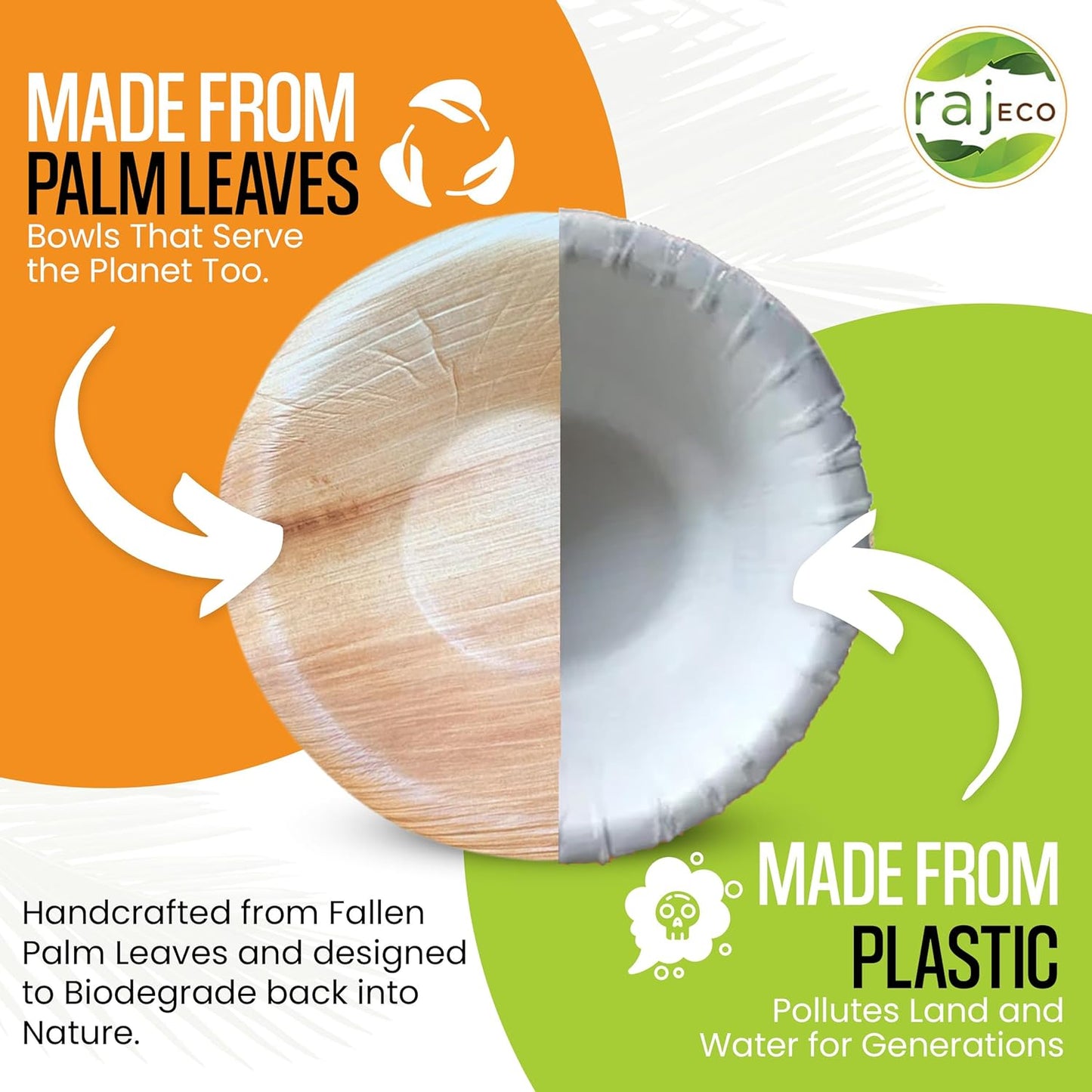 Raj Disposable Palm Leaf Bulk Bowls (200 Count, 5" Bowls) Strong Bowl Like Bamboo Party Bowl - Decorative Compostable Tableware for Lunch, Dinner, Birthday, Outdoor, BBQ, Picnic, Parties