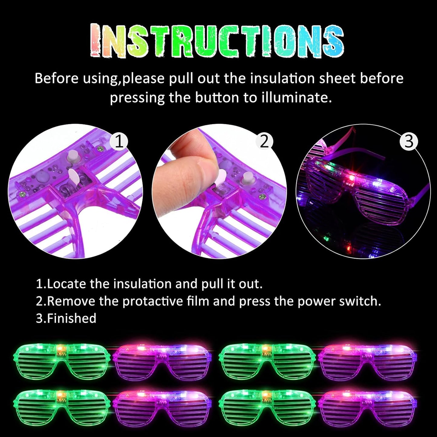 Honoson 72 Pairs of Led Glasses Light Up Glasses Shutter Shades Glow in the Dark Neon Rave Flashing Favor for Adults (Green,Purple)