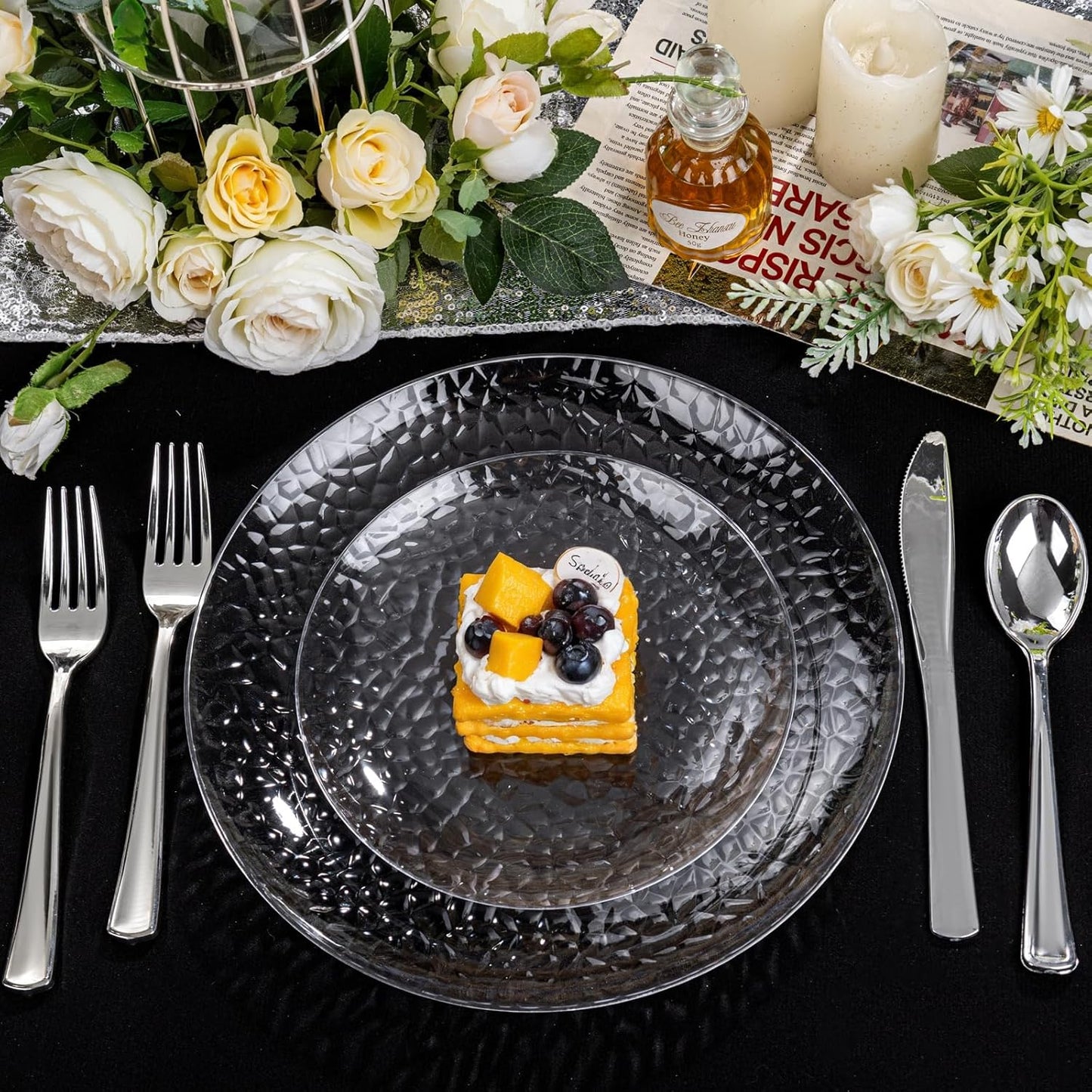 Rubtlamp 100Pcs Clear Plastic Plates, Heavy-Duty Party Plates, clear hammered plastic plates Include 50 Clear Dessert/Salad Platos, 50 Dinner Platos for Party