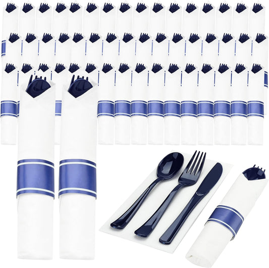 Goodluck 50 Set Dark Blue Pre Rolled Plastic Cutlery Set, Wrapped Silverware Set with 50 Forks, 50 Knives, 50 Spoons and 50 Napkins, Perfect for Party, Wedding, Christmas