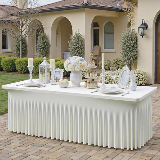 NSSONBEN 1 pk Ivory Spandex Tablecloth for 8 Foot Rectangle Tables,Wrinkle Free High Stretch Cream Fitted Tablecloths with Ruffle Skirt, Elastic Spandex Table Covers 8ft for Parties Weddings Banquet