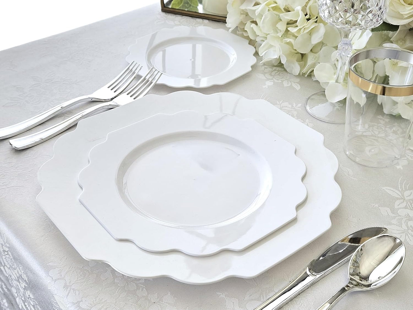 " OCCASIONS " 240 Plates Pack (120 Guests) Heavyweight Wedding Party Disposable Plastic Plates Set -120 x 10.5'' Dinner + 120 x 8'' Salad/Dessert Plate (Imperial White)