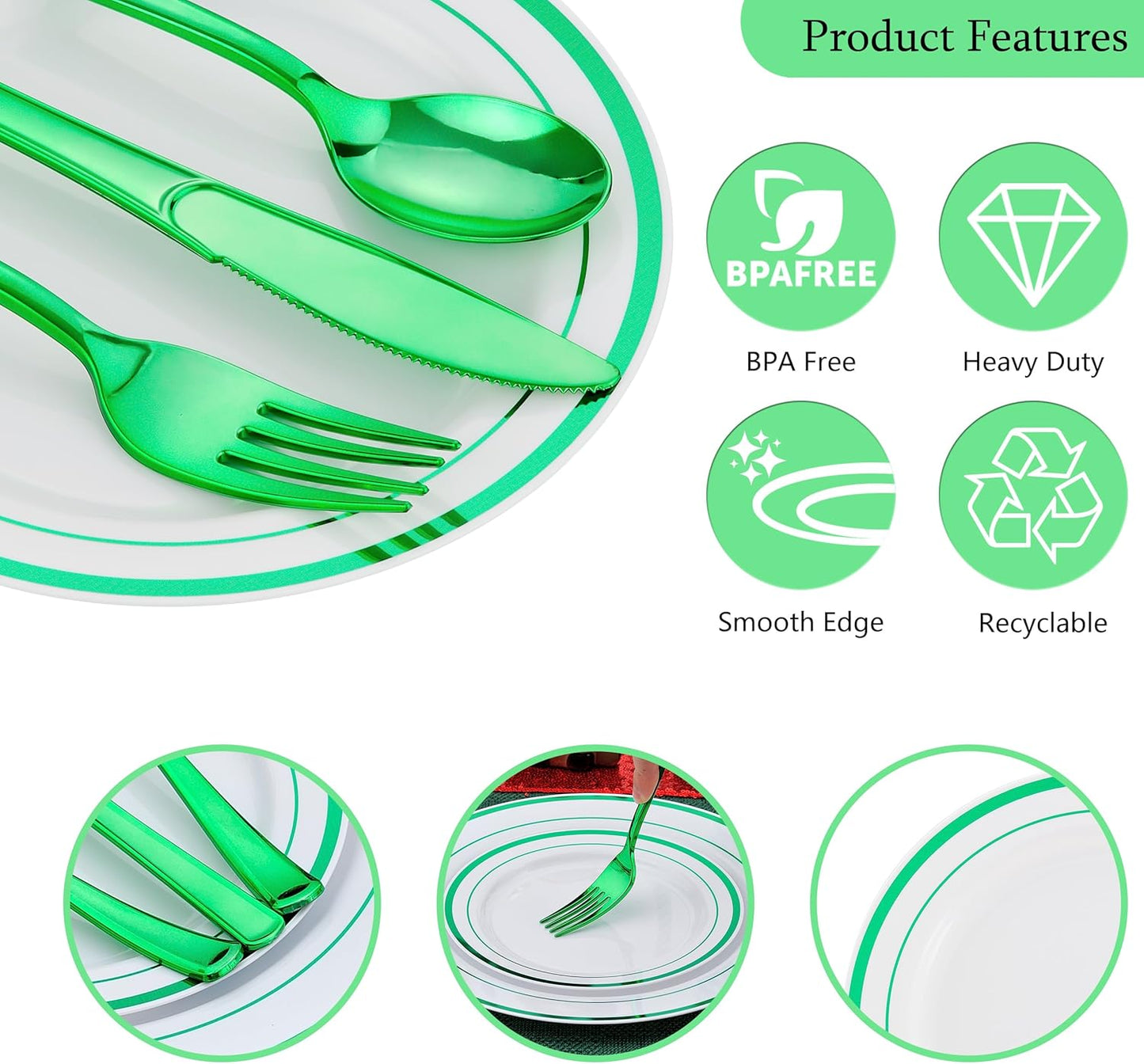 300 PCS Green Plastic Dinnerware Set for 50 Guests,Green Rimmed Heavy Duty Plastic Disposable Plates for Party Wedding-50 Dinner Plates,50 Dessert Plates,50 Silverware Set,50 Cups