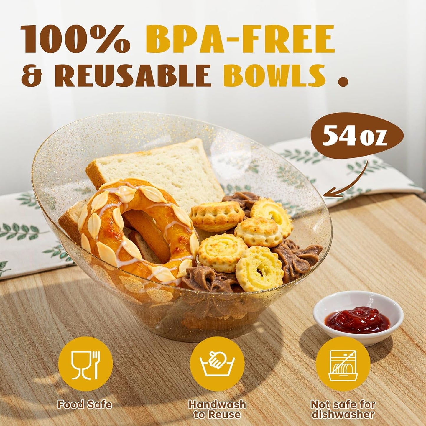 Liacere 16PCS Gold Plastic Serving Bowls - 54 OZ Angled Table Salad and Fruit Bowls Disposable for Chip&Candy - Ideal for Party &Thanksgiving