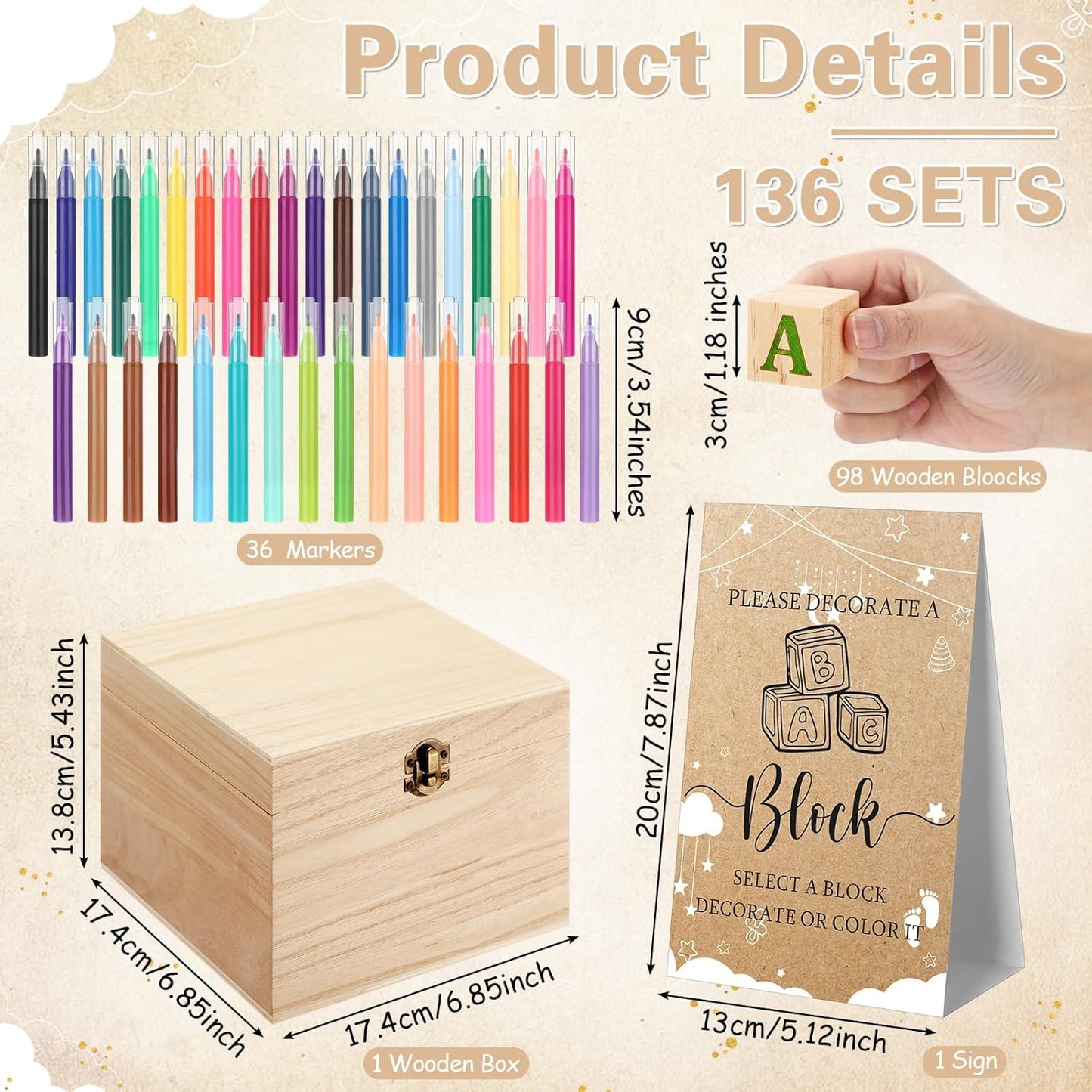 Marsui 136 Pcs Baby Shower Blocks to Decorate Game Kit Includes 98 Wooden Blocks, 36 Markers, 1 Game Sign, 1 Storage Box for Baby Shower Gender Reveal Activity Party Decorations(Cloud)