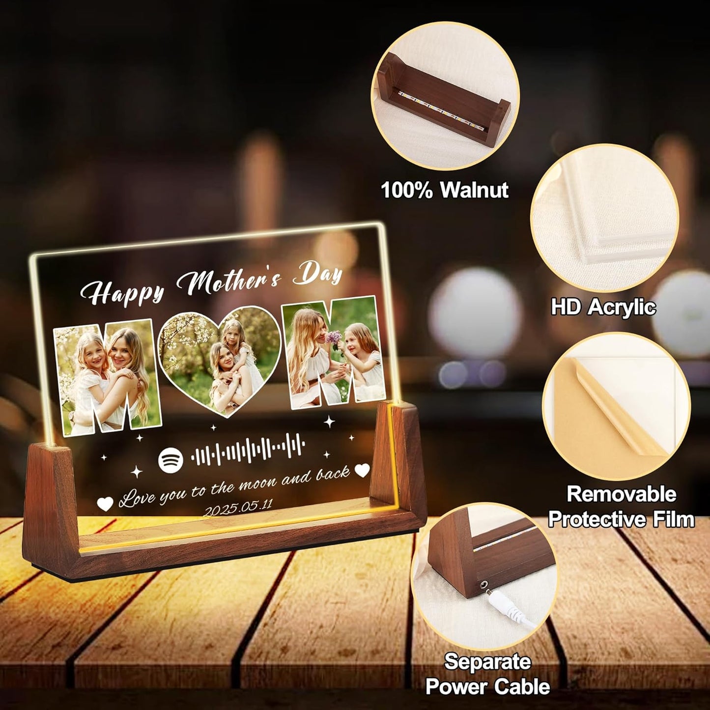 Personalized Mothers Day Birthday Gifts For Mom, Custom Spotify Plaque Mom Gift From Daughter Son Husband, Light Up Picture Frame With Photo Name Customized Christmas Gifts For Women Wife