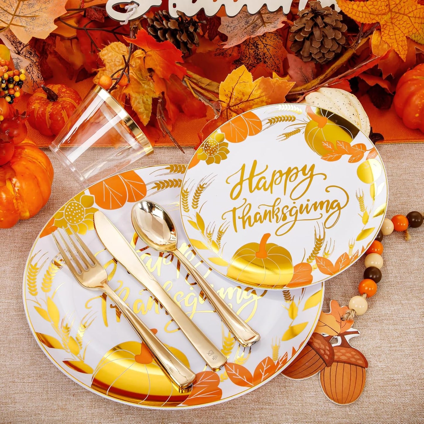 KIRE 150PCS Thanksgiving Plates Dinnerware Pumpkins - Plastic Thanksgiving Plates with Gold Silverware Include 25 for Dinner 25 for Salad 25Forks 25Knives 25Spoons 25Gold Cups