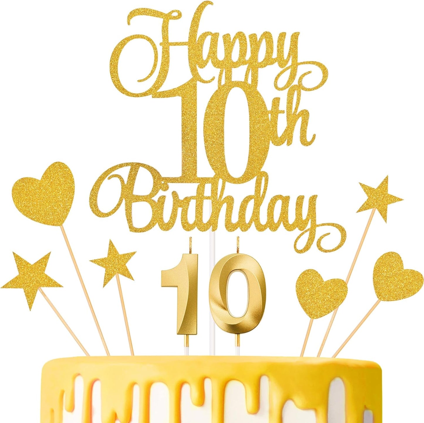 10th Birthday Cake Decorations, 10th Birthday Candles Cake Numeral Candles and Glitter Happy 10th Birthday Cake Toppers Set for Birthday Party Supplies (Gold)