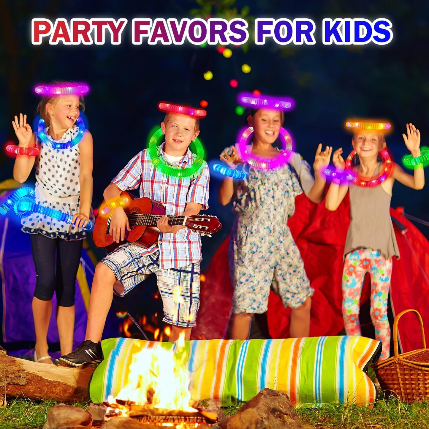 Glow Sticks Party Favors Supplies for Toddler 18 PCS,Camping Essentials Fidget Toys Gifts for Kids,Light up Pop Tubes Necklace ＆ Bracelet Accessories, Treats Non Candy for Christmas Birthday Wedding