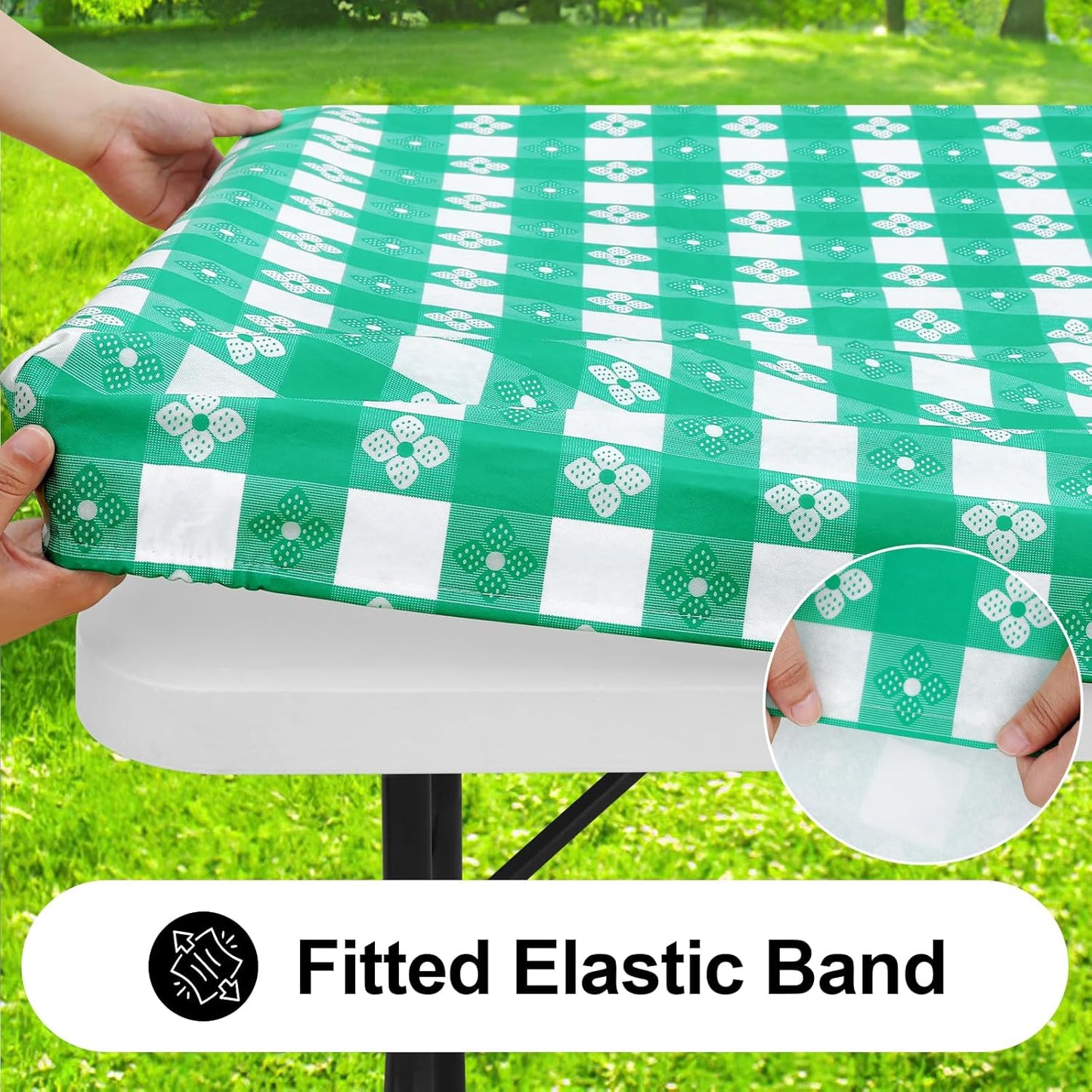 Rectangle Vinyl Table Cloth, Waterproof Elastic Fitted Tablecloth with Flannel Backing, Plastic Table Cover for Picnic, Camping, Outdoor (White & Green, 30"x72")