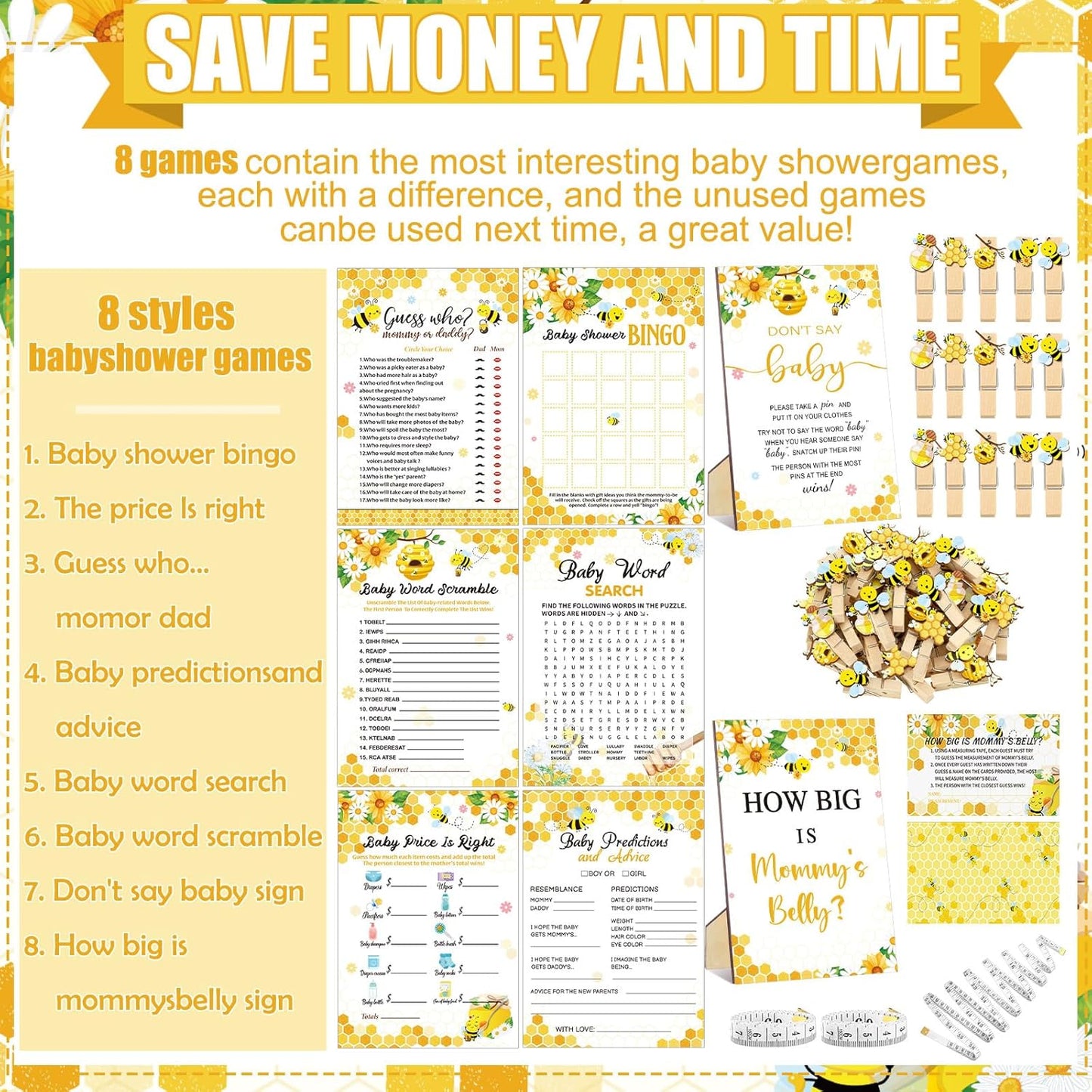 426 Pcs Bee Baby Shower Games Set-8 Games, Includes Baby Shower Bingo, Price is Right, Guess Who, Word Scramble, Prediction and Advice, How Big is Mommy's Belly, Don't Say The Words