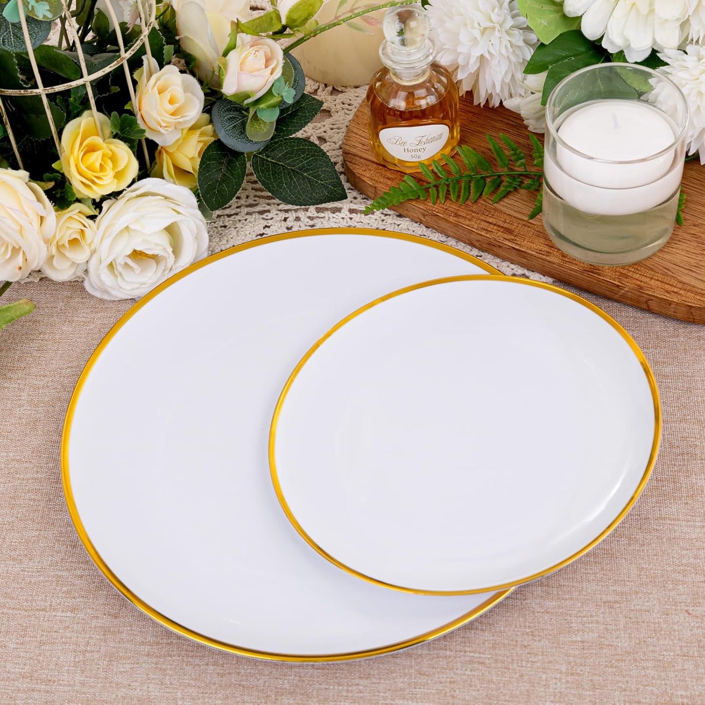 LIYH 60 Pcs Gold Plastic Plates Disposable Heavyduty - White Plastic Plates for Party/Weddings Include 30 White Gold Rim Dinner Plate 10.25" & 30 Dessert Plate 7.5 "