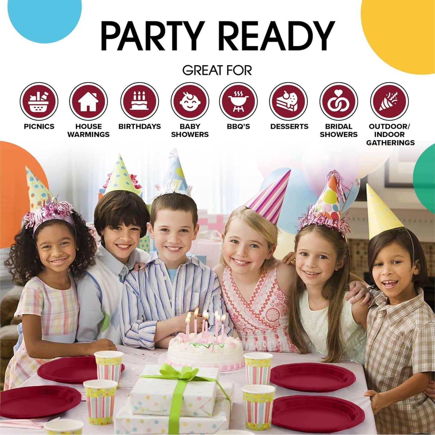 Party Solids Burgundy Plastic Plates Bulk 7" Burgundy Disposable Plates For Party Supplies 600 Pieces Disposable Dinner Plate Heavy Duty 350 GSM Plate Sets, Plastic Dinnerware Sets