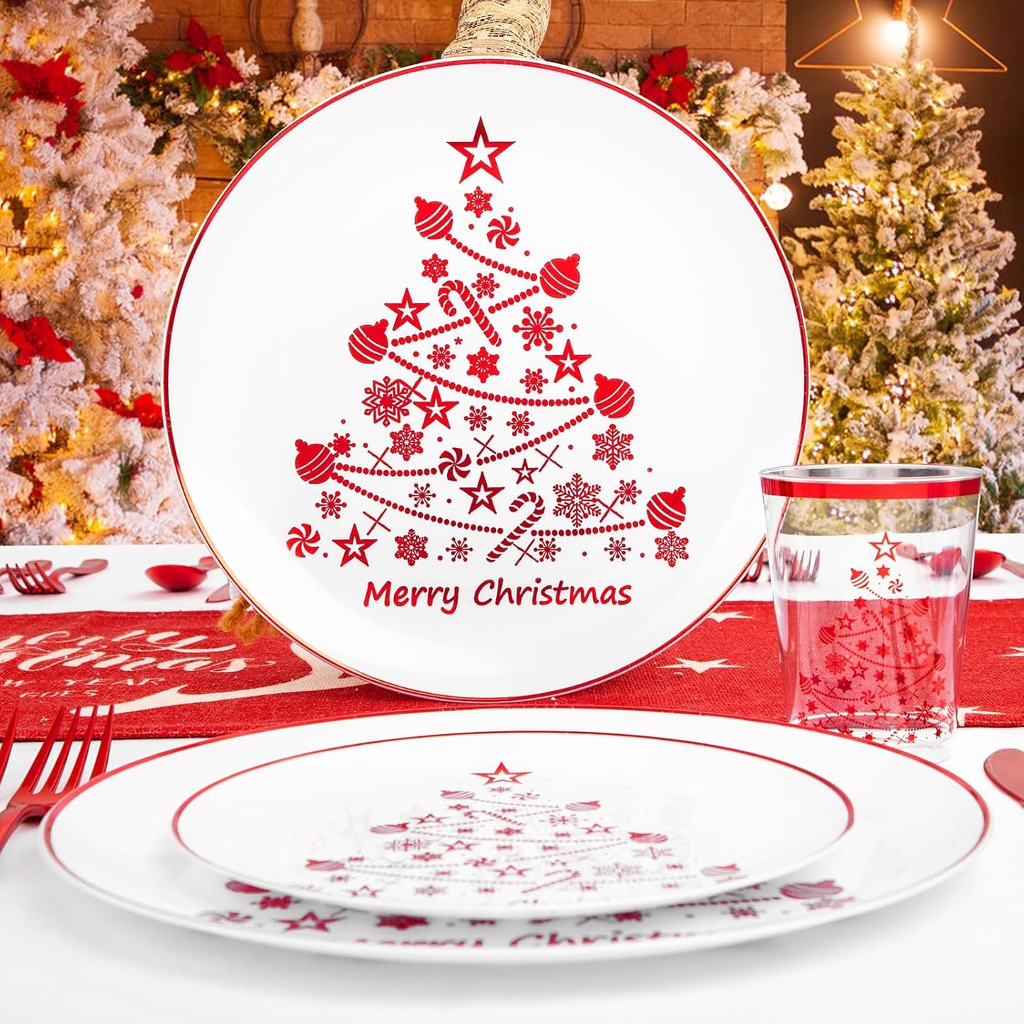 Supernal 150pcs Christmas Plastic Dinnerware Include Red Plastic Plates, Disposalbe Cups,Christmas Party Supplies,Red Plastic Silverware for Christmas Party and New Year