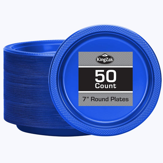 Hanna K. Signature Collection Blue Plastic Plates 7 Inch - 50 count - Plastic Solid Round Party Plates For Weddings, BBQs, Birthday Plates - Disposable Blue Plates - Plastic Dessert Plates