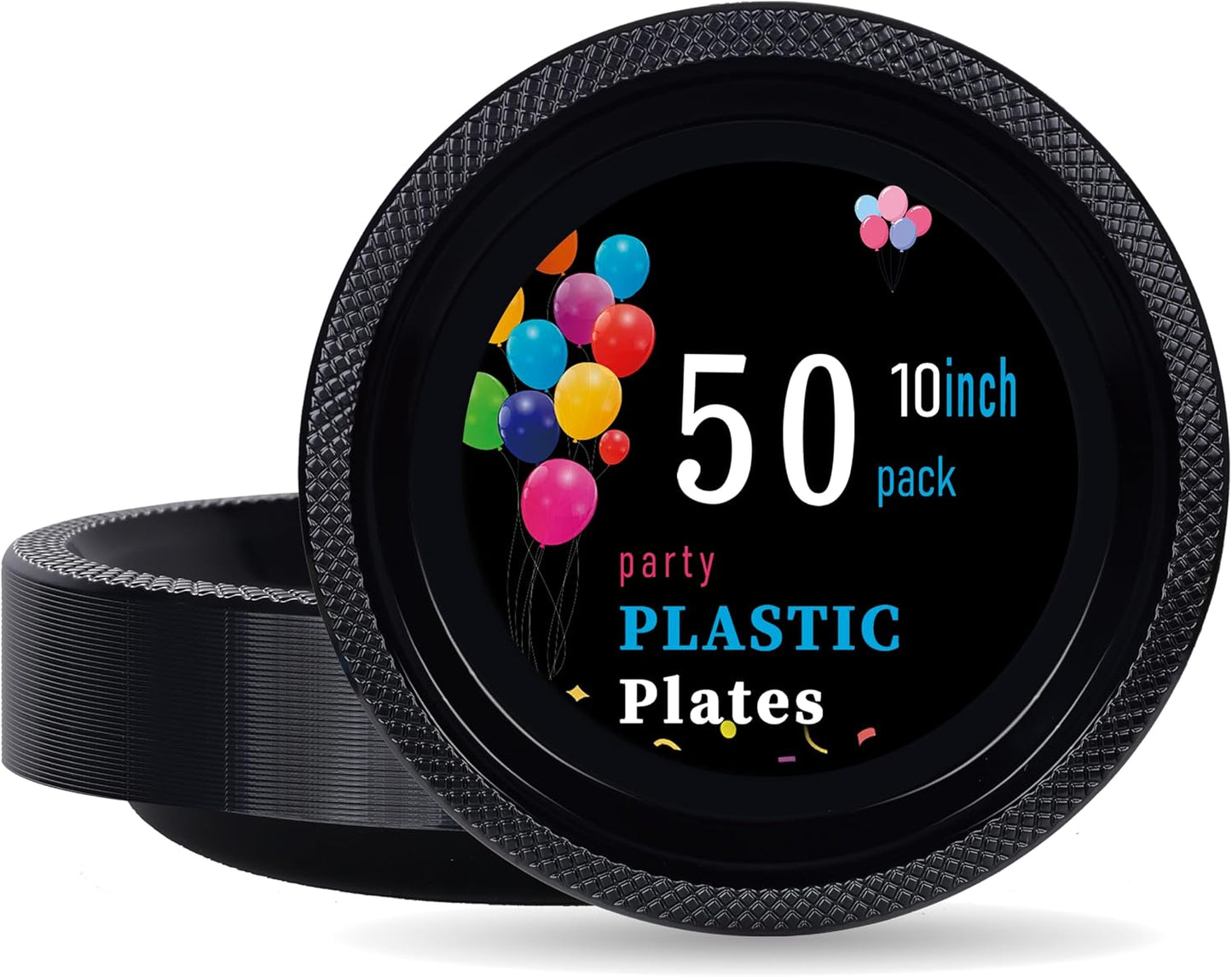 WELLIFE Black Plastic Plates 10 Inch 50 Count Disposable Plate for Party Halloween Plastic Plate, Large Big Plates for Dinner Party Supplies Birthday Camping BBQ