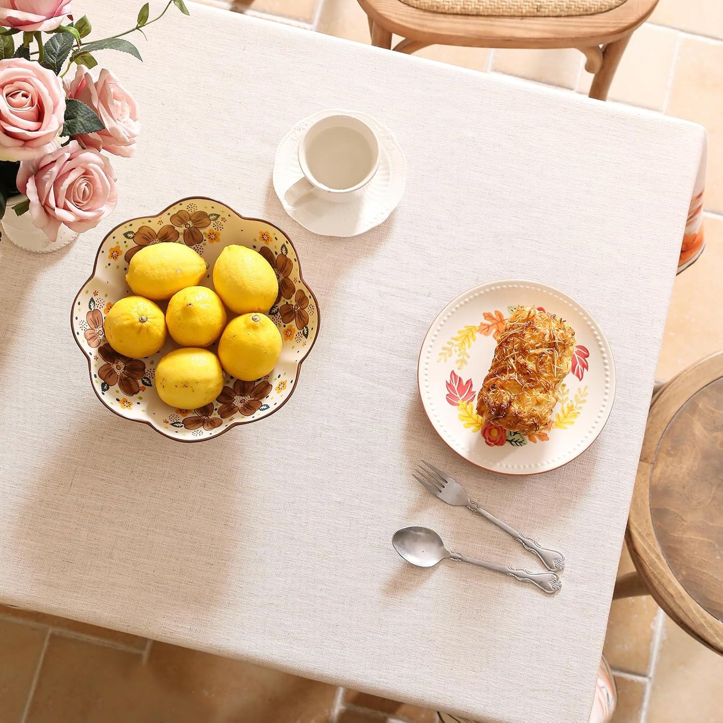 Linen Small Square Tablecloth,French Vintage Pink Floral Pattern Wrinkle Free Tablecloths,Decorative Table Cover for Kitchen,Dining,Thanksgiving,Christmas,Tea Party,55"*55"-Sloosa