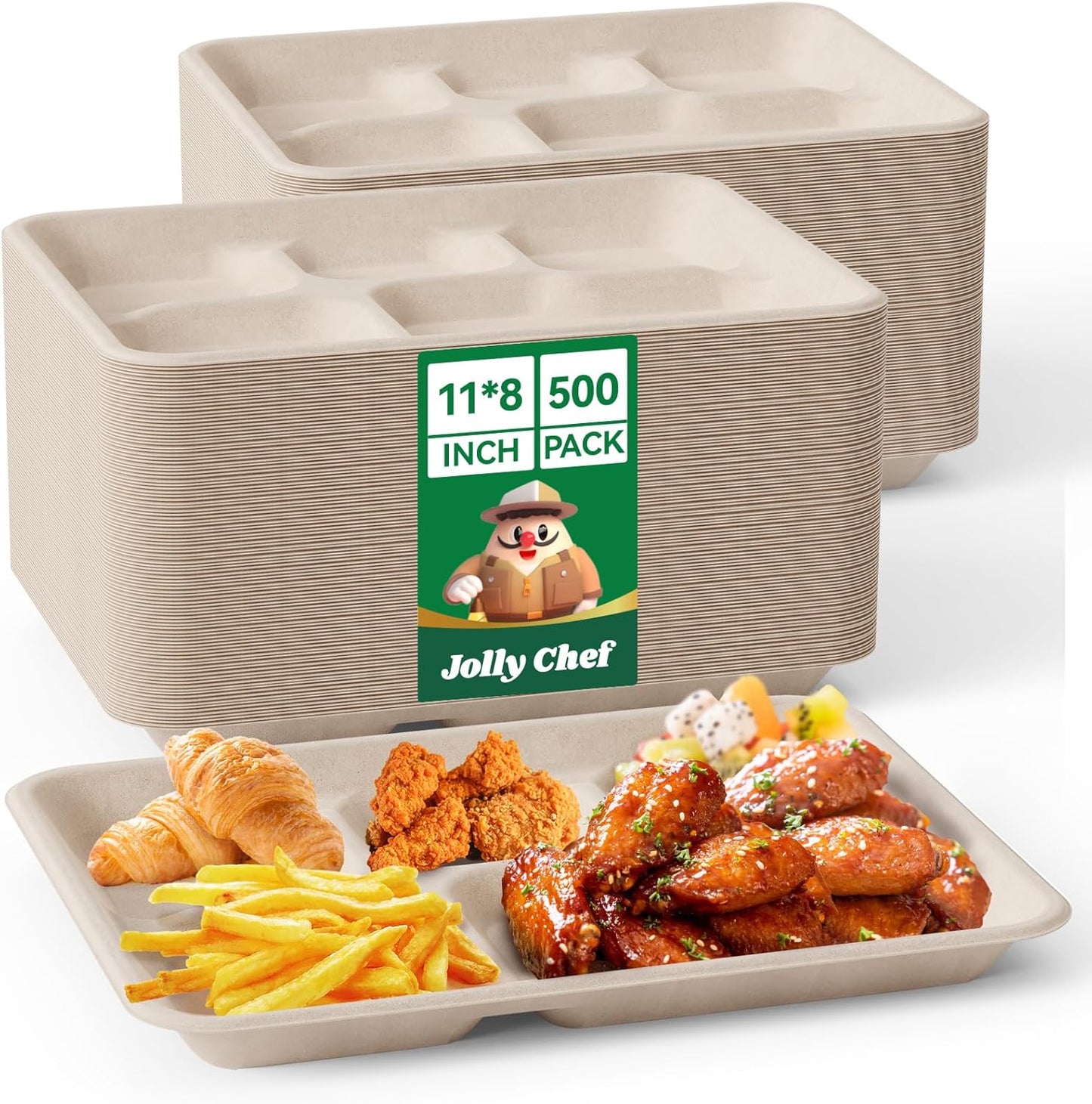JOLLY CHEF Compostable 𝟱 Compartment Paper Plates 𝟭𝟭 * 𝟴 𝗶𝗻𝗰𝗵 [𝟱𝟬𝟬 𝗣𝗮𝗰𝗸] Heavy Duty Natural Divided Disposable Eco-Friendly Biodegradable Food Trays for Dinner Lunch Thanksgiving Day