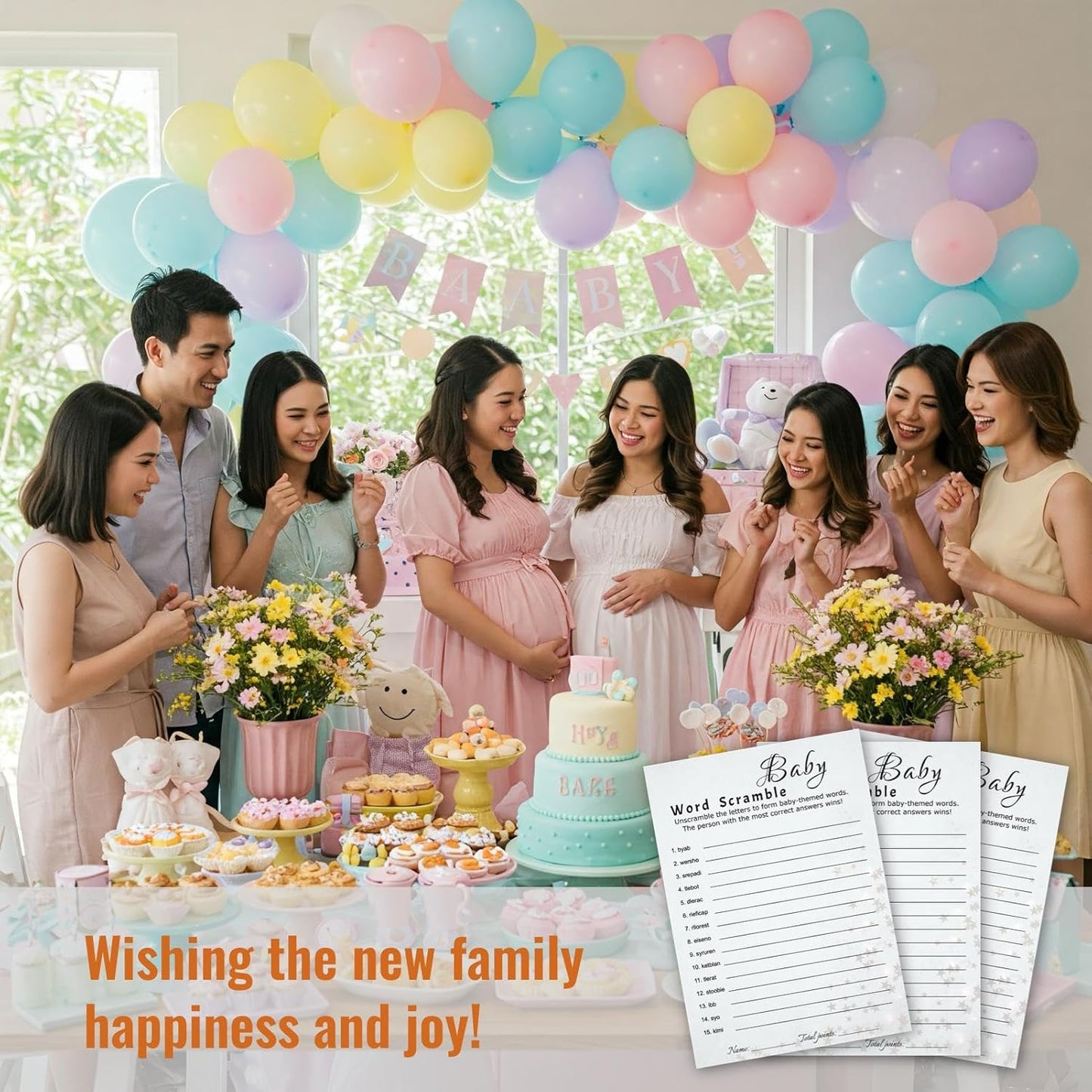 Baby Shower Word Scramble Trivia Game Cards - 30 Player Family Friend Party - Minimalist Light Gray Design with Stars & Strips - Ready to Play, Answer Keys Included, 5x7 Inch (Word Scramble)