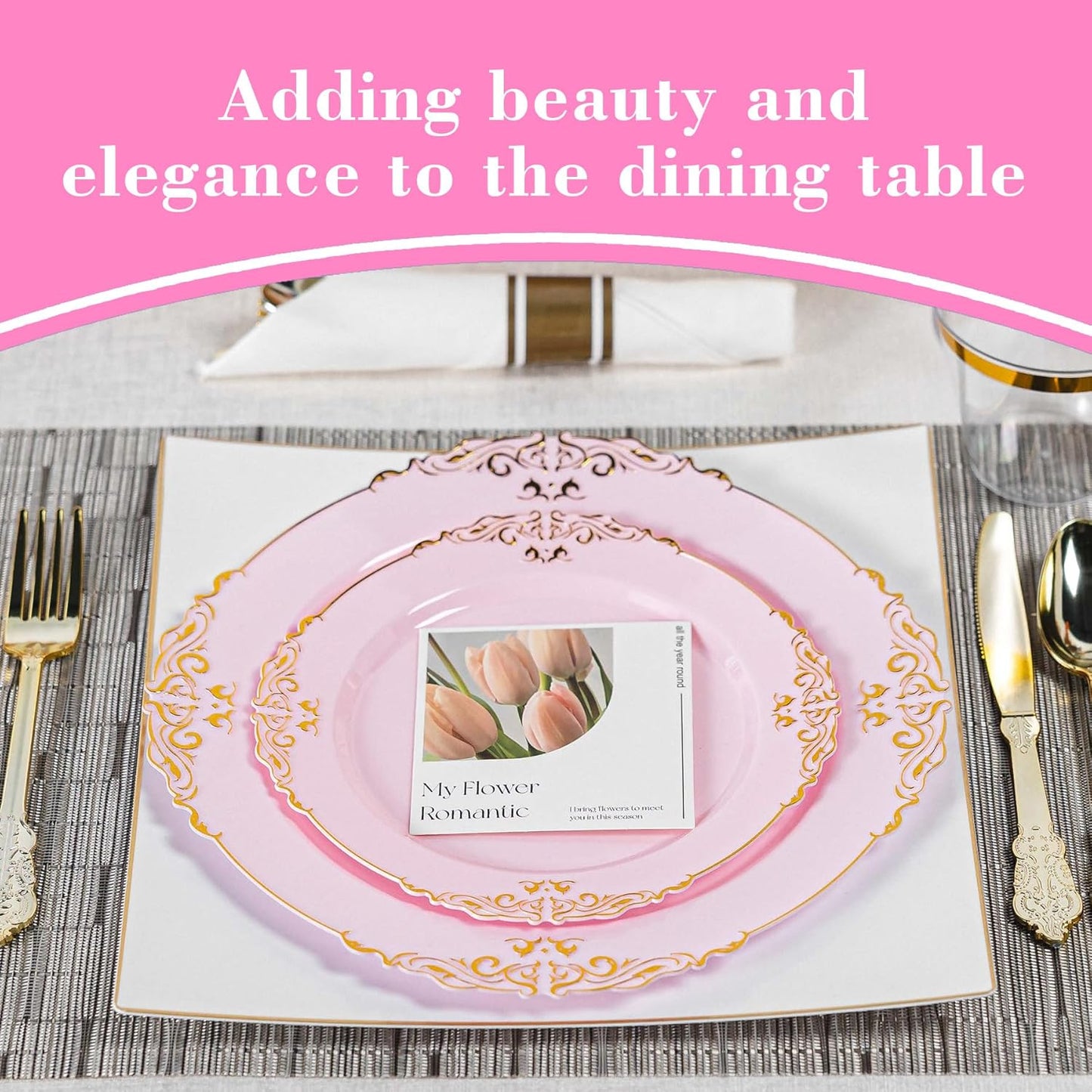 350pcs Gold Retro Dinnerware Sets Disposable, 50 Guests Heavy Duty Plastic Cutlery Sets, 100 Disposable Plates, 150 Silverware, 50 Cups, 50 Napkins for Wedding & Party, Pink