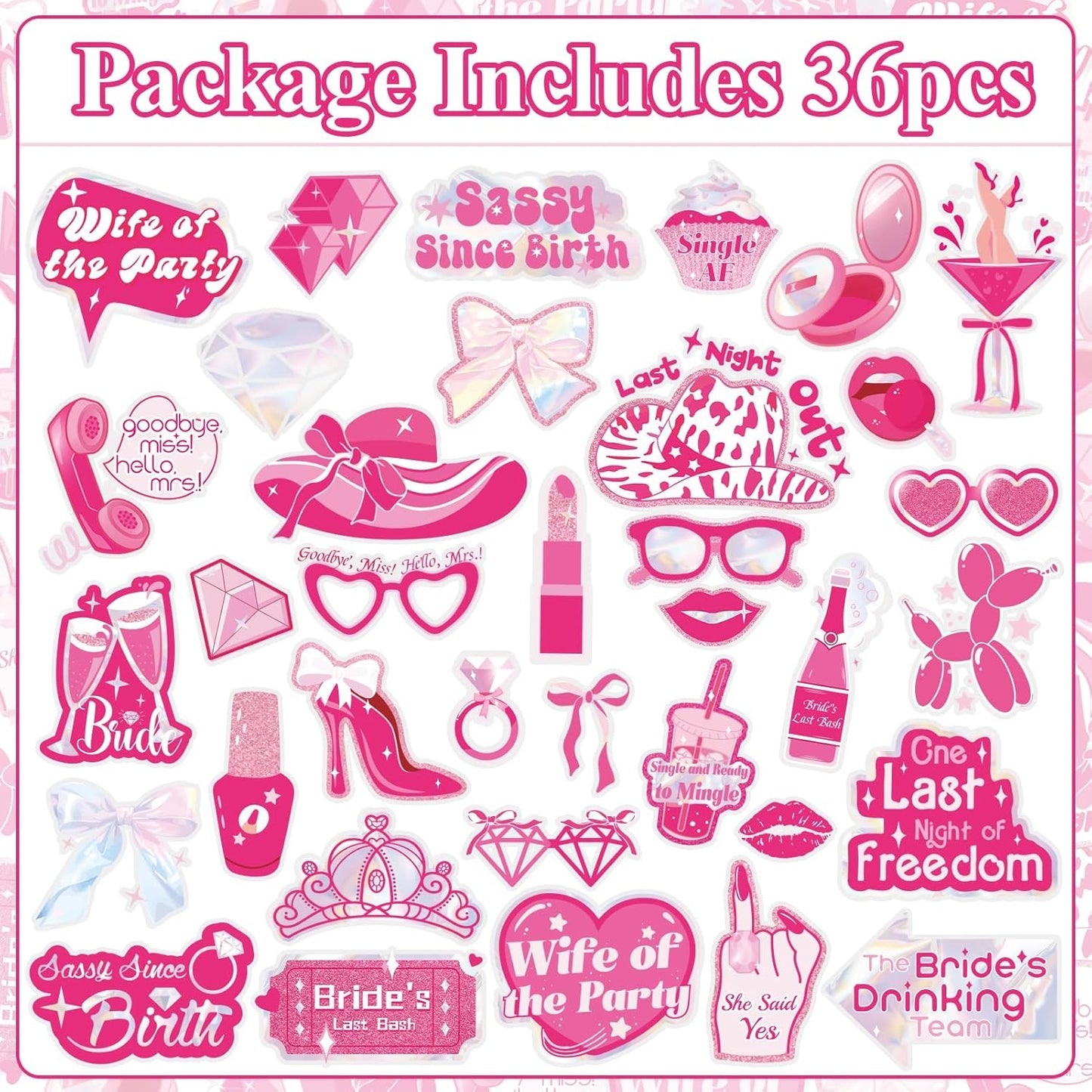 SUNBEAUTY 36 Pcs Bachelorette Photo Booth Props Pink Girls Birthday Decorations Photo Props for Wedding Bridal Shower Bachelorette Party Supplies