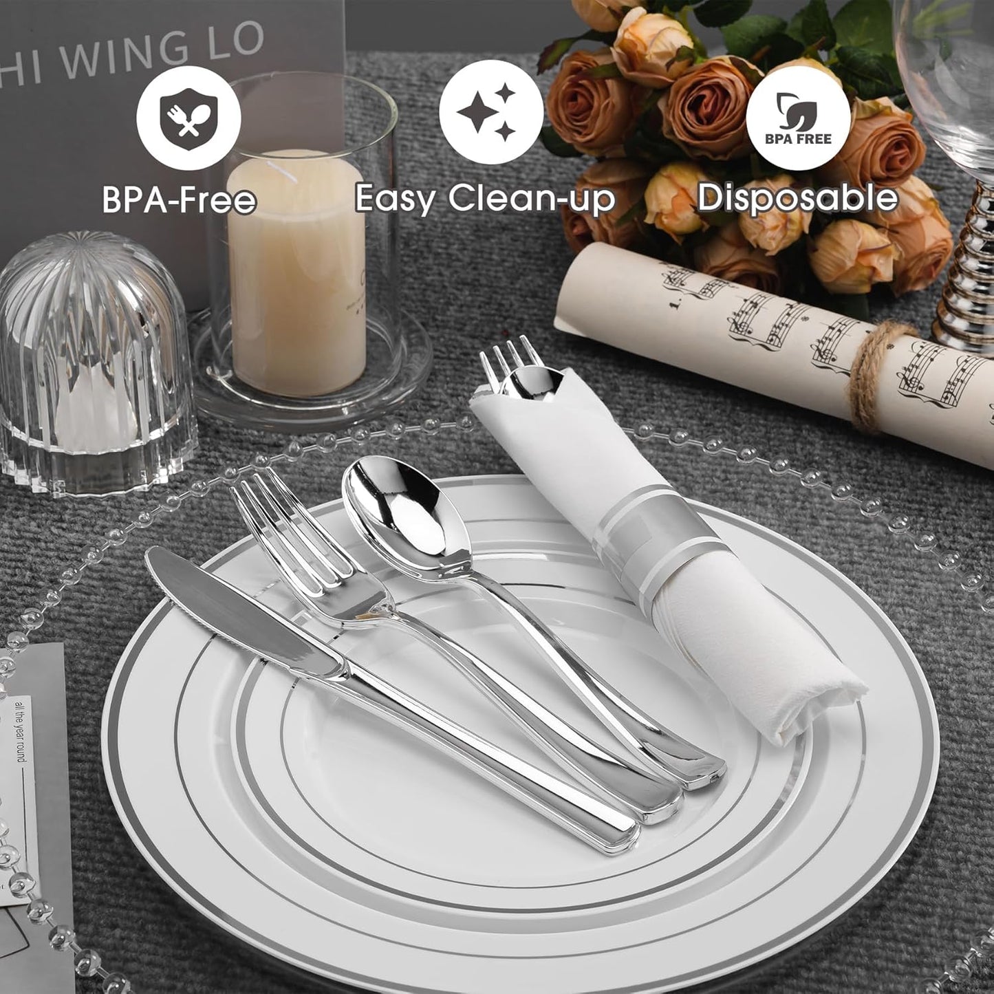 350 PCS White and Silver Plastic Dinnerware Set for 50 Guests, 100 Thanksgiving Disposable Plates for Party, 50 Pre Rolled Napkins with Silver Silverware, 50 Cups