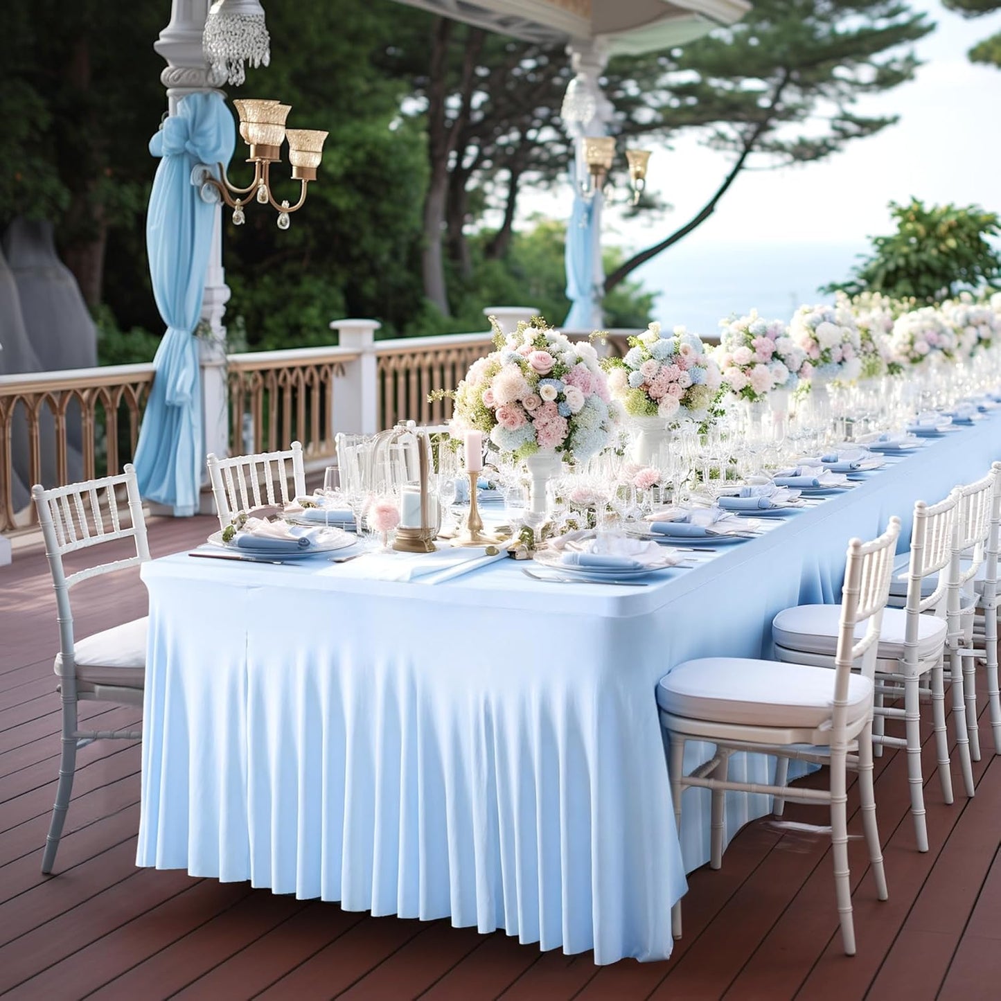 1 Pack Baby Blue Table Clothes for 4 Foot Rectangle Tables, One-Piece Wrinkle Resistant Stretch Spandex Table Covers with Skirt for Event Banquet Wedding Birthday Party