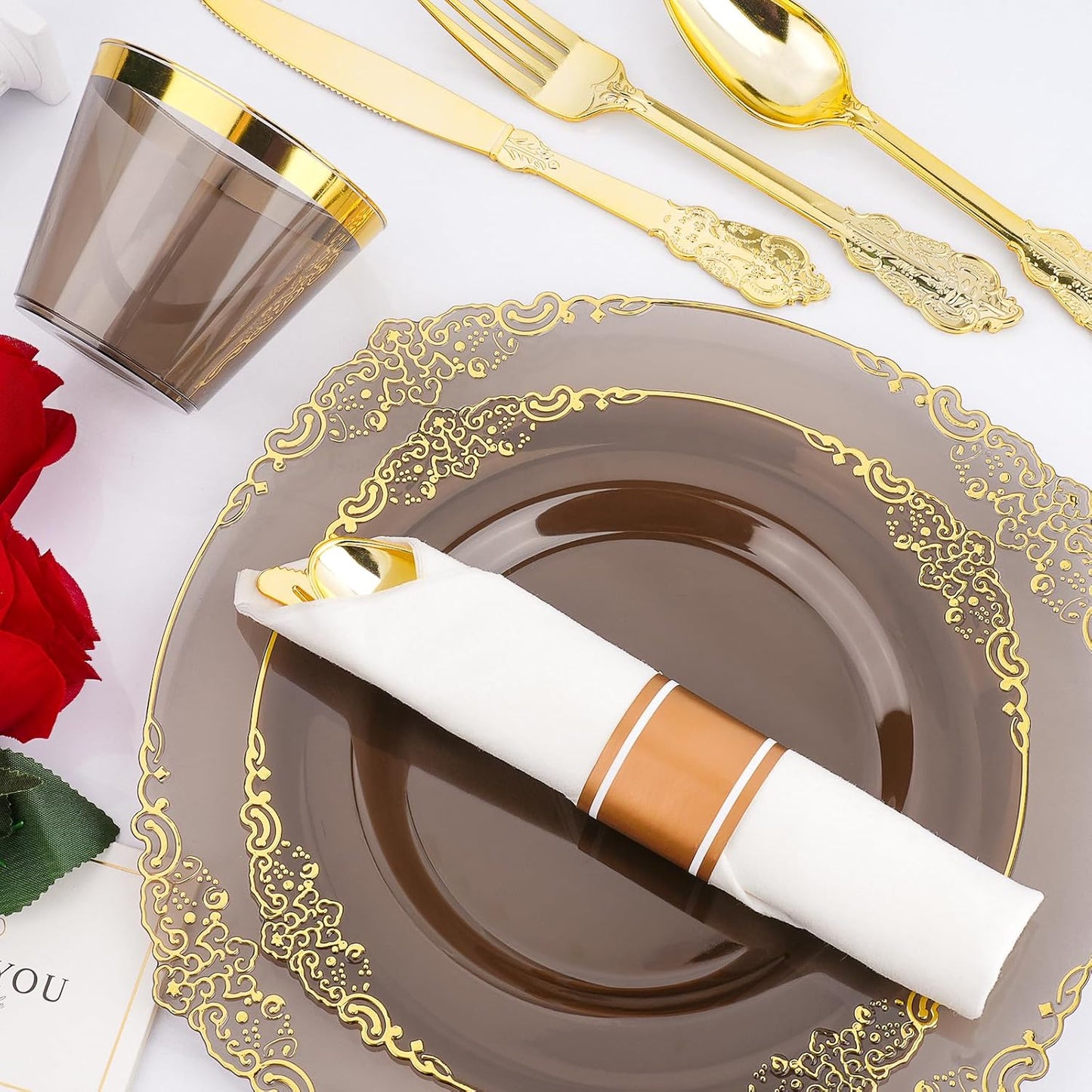 350 PCS Black and Gold Plastic Plates, Disposable Dinnerware Set for 50 Guests, 100 Disposable Plates, 150 Silverwares, 50 Cups, 50 Napkins for Wedding, Party, Graduation