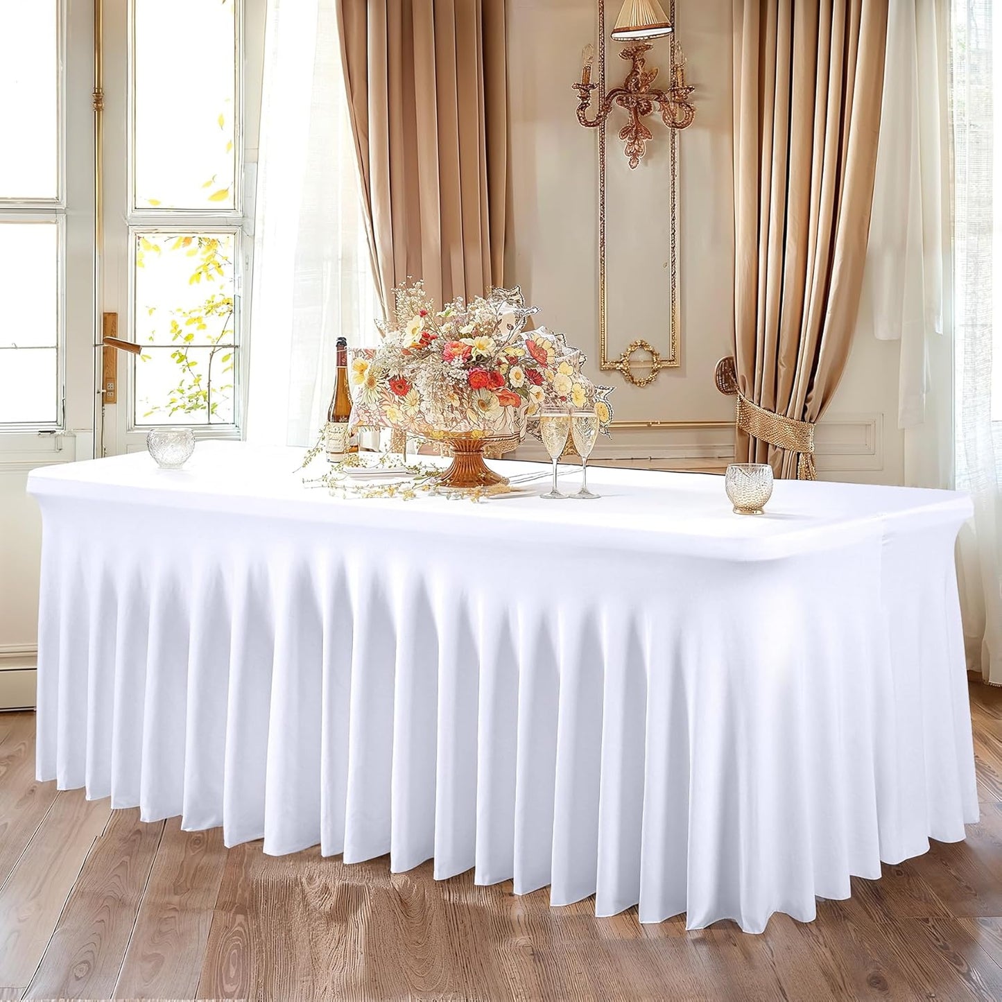 PARTISKY White Spandex Tablecloth for 6ft Rectangle Tables, Stretchable Table Cover Skirt for Folding Tables Weddings Parties Banquets Events Trade Shows and Dessert Table