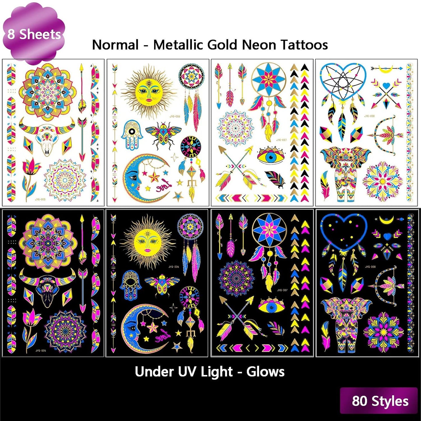 Neon Metallic Gold Temporary Tattoos Glow In The Dark UV Neon Tattoos Stickers 80 Glitter Styles Mandalas Feather Elephants Horns Party Decoration for Adults Kids