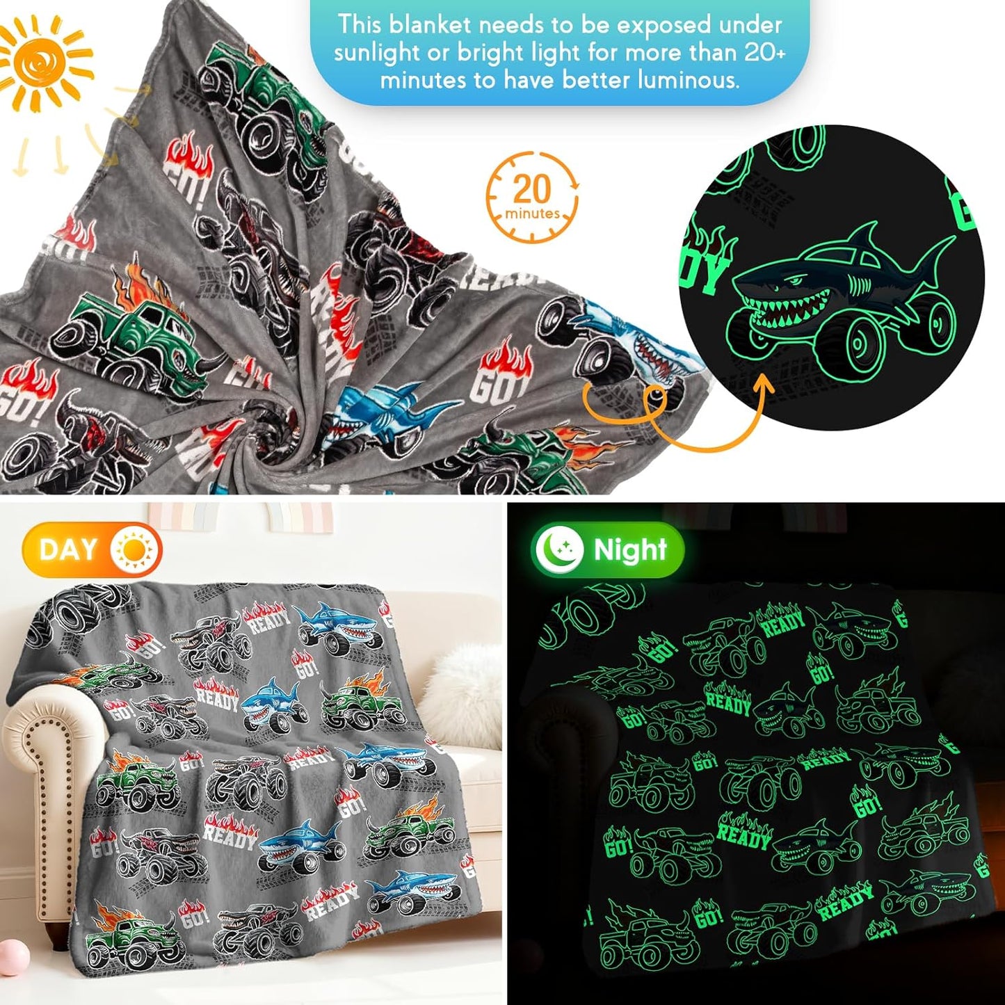 Jekeno Truck Shark Glow in The Dark Blanket Gifts for Kids Boys Girls Teens Birthday Christmas Halloween Excavator Construction Tractor Car Throw Age 1-16 Years Old Toddlers Room Decor Grey 50"x60"