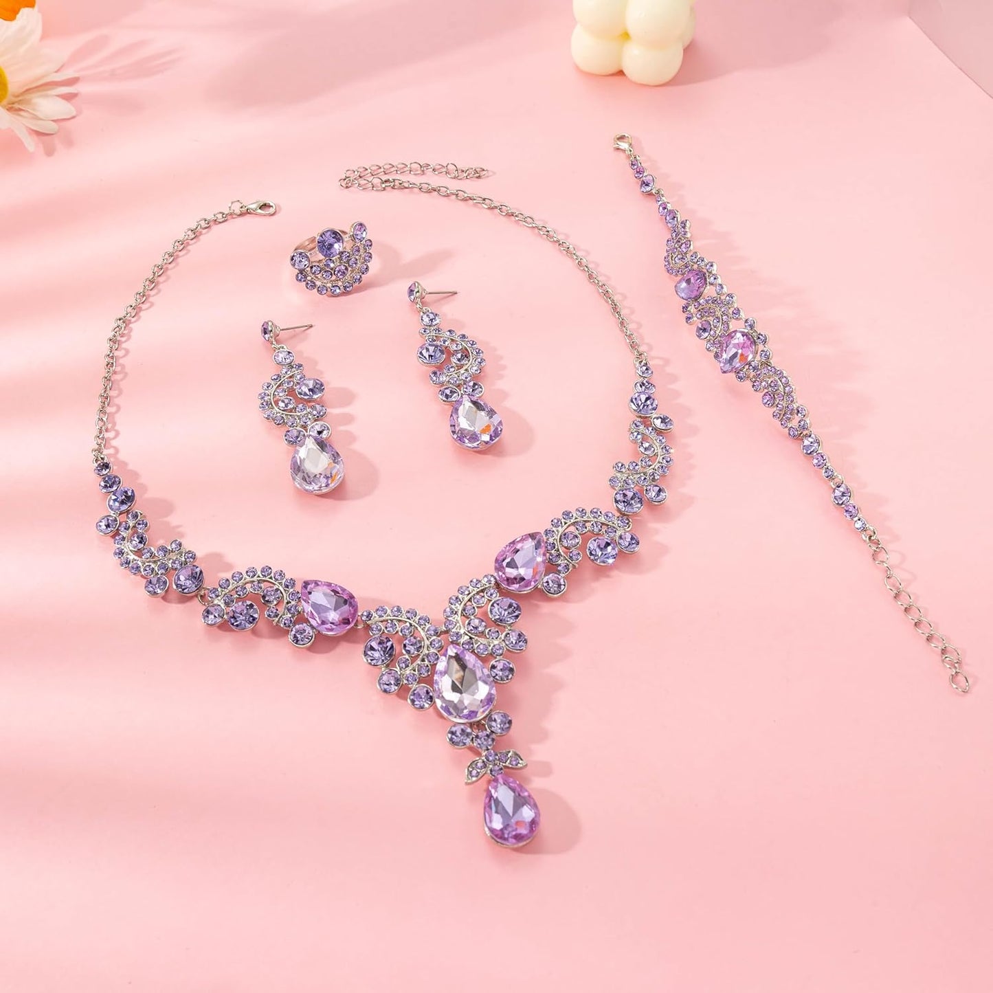 Crystal Bridal Wedding Jewelry Sets for Women Rhinestone Teardrop Crystal Statement Choker Necklace Drop Earrings Link Bracelets Rings Teardrop Jewelry Set for Brides Bridesmaids