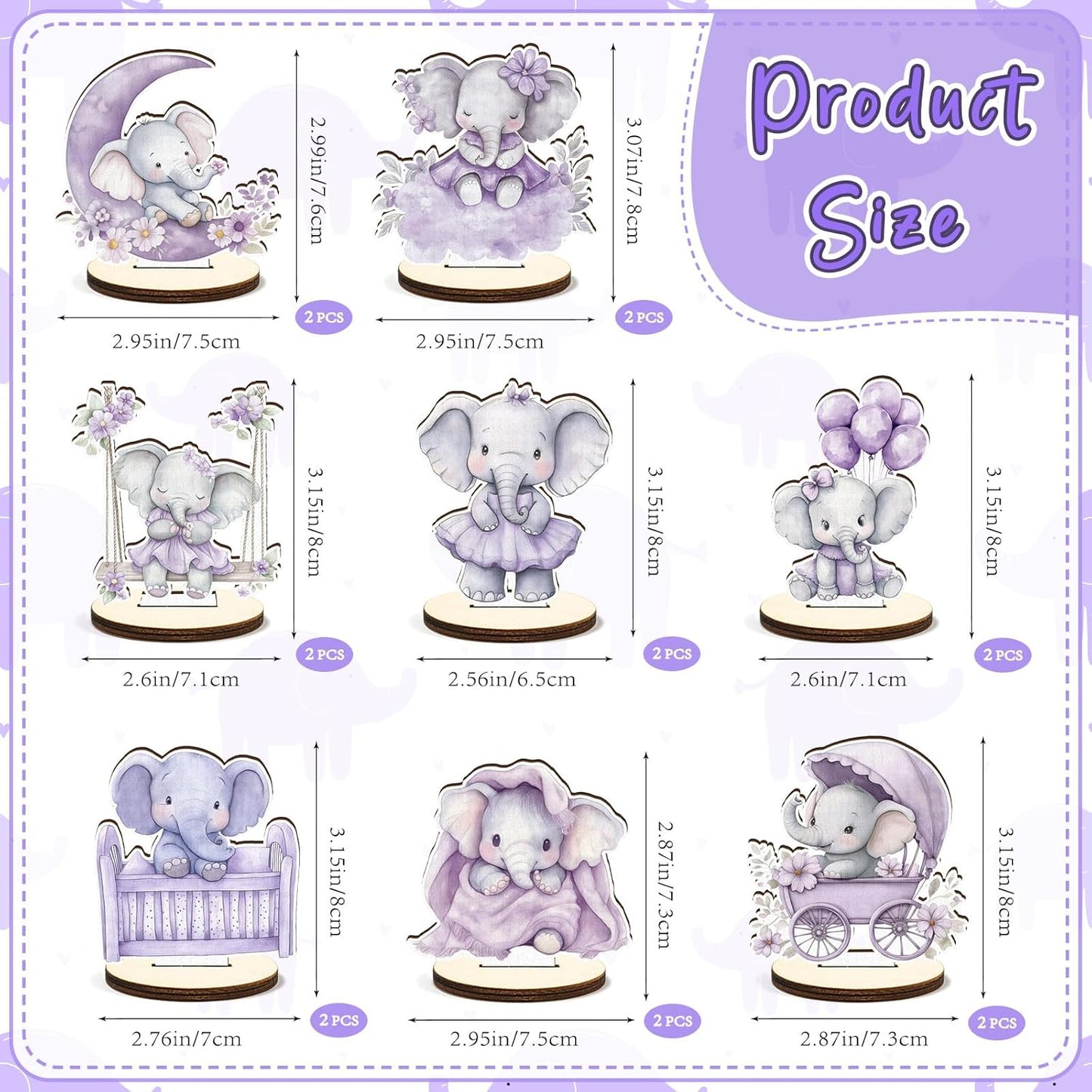 16 Pcs Wooden Baby Shower Table Centerpiece Purple Elephant Tabletop Detachable Sign Boy Or Girl Gender Reveal Table Toppers Display Decoration Elephant Birthday Photo Props Party Favor Supplies