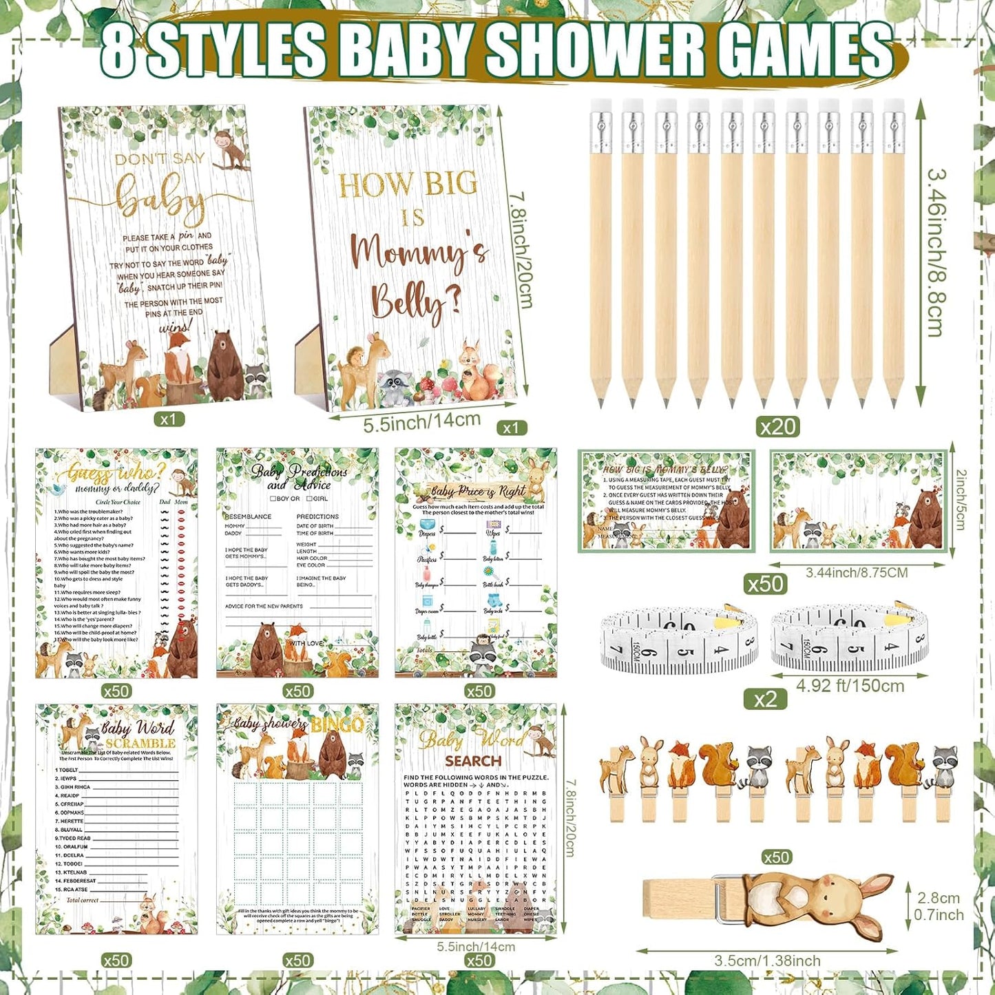 426 Pcs Woodland Baby Shower Games Set-8 Games, Includes Baby Shower Bingo, Price is Right, Guess Who, Word Scramble, Prediction and Advice, How Big is Mommy's Belly, Don't Say The Words