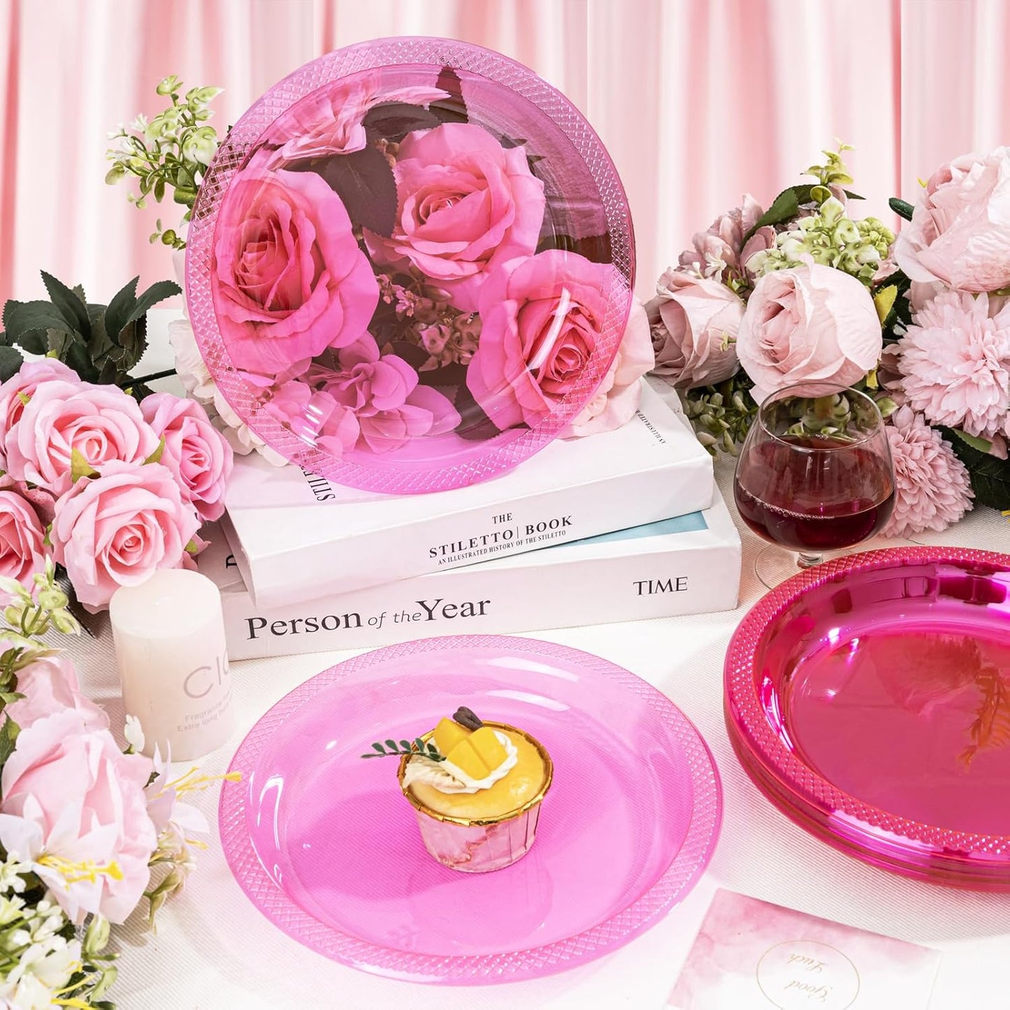 WELLIFE Neon Pink Party Plates 9 Inch -150 Count, Translucent Pink Plastic Disposable Dessert Neon Plates for Fluorescent Neon Theme Party Cake Salad Appetizers Easter Baby Shower Mother's Day