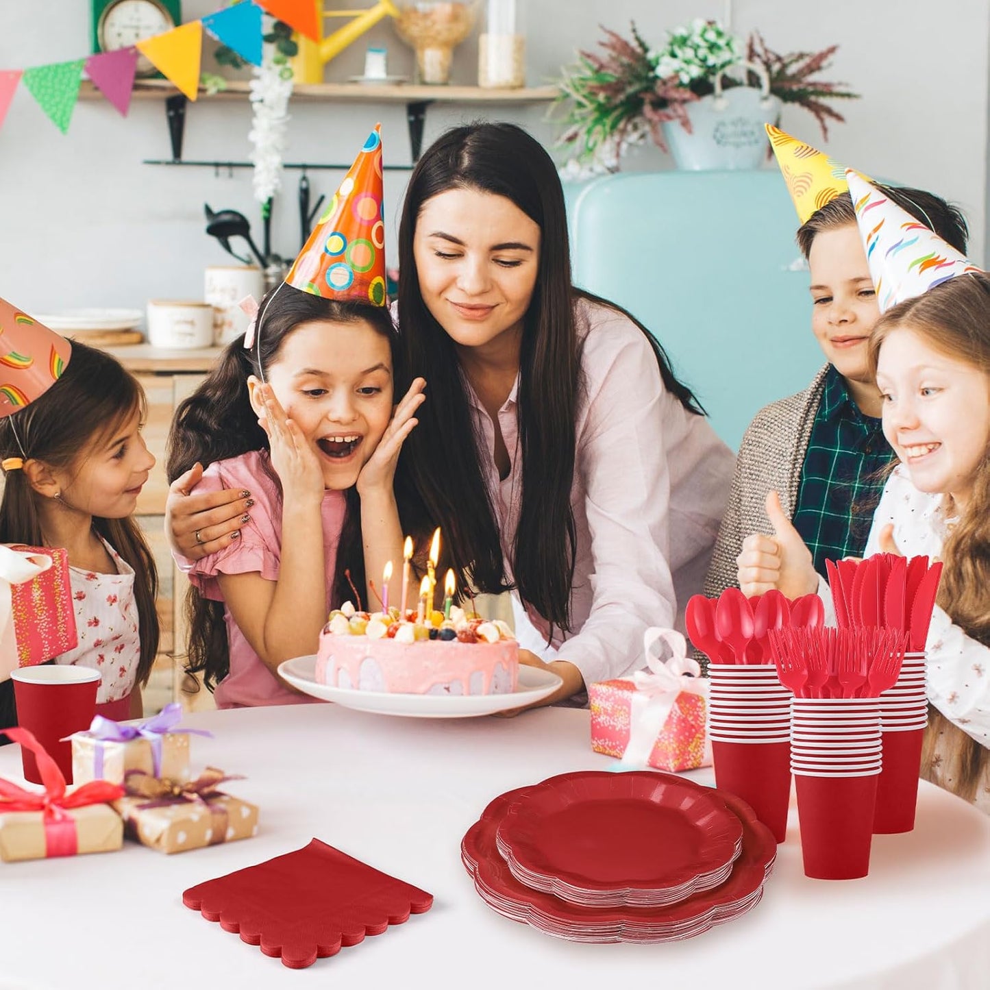 175 Pcs Christmas Red Plates and Napkins Set, 25 Guest Red Party Supplies Include Scalloped Plate Paper Napkin Cup Fork Knives Disposable Plastic Cutlery for Christmas Wedding Holiday Birthday Party