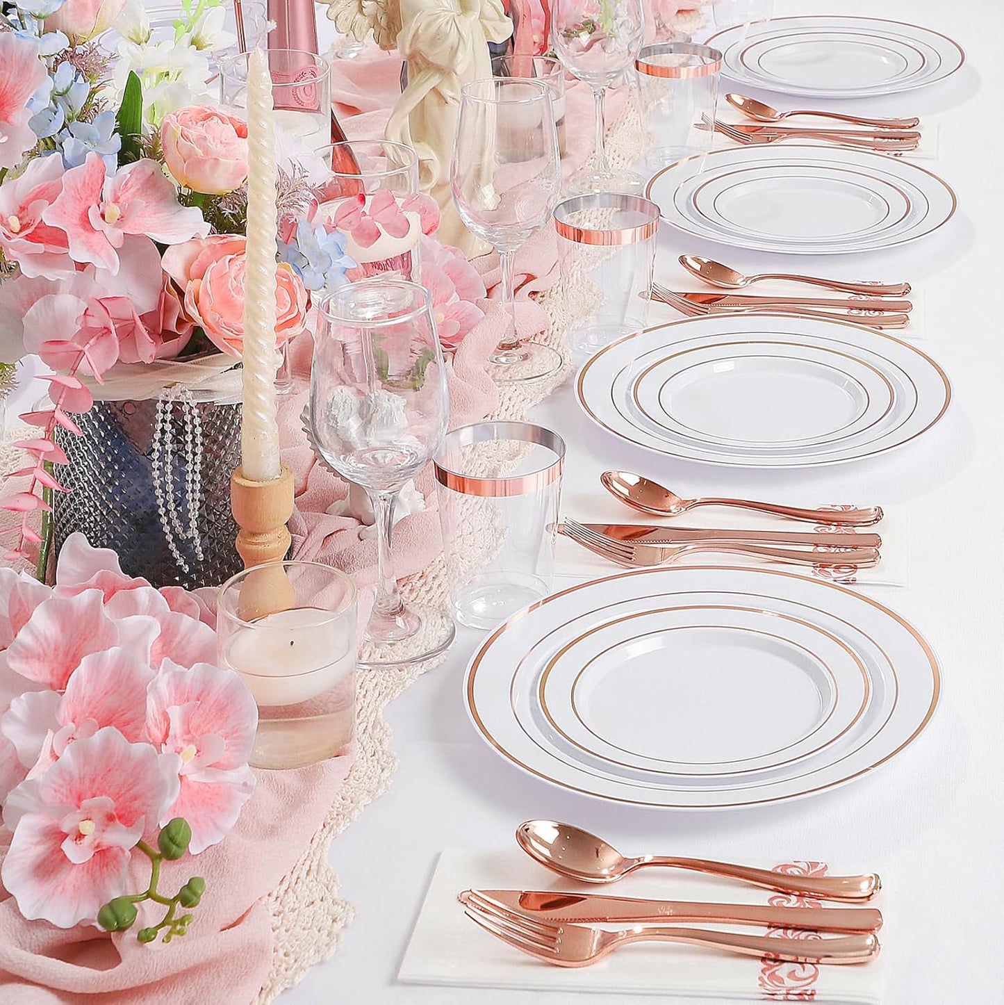 Supernal 200pcs Rose Gold Plastic Dinnerware included Disposable Flatware& Plastic Party Plates Disaposable Cups and Napkins,Perfect for Party,Birthday and Wedding