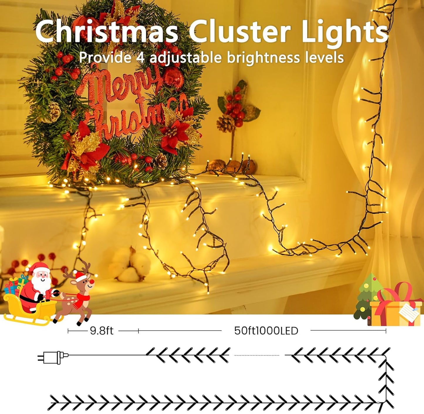50FT 1000 LED Cluster Christmas Lights, Christmas Tree Lights Outdoor Indoor with 8 Modes & Timer & Remote, Firecrackers String Lights Waterproof for Garland Party Xmas Decorations, Warm White