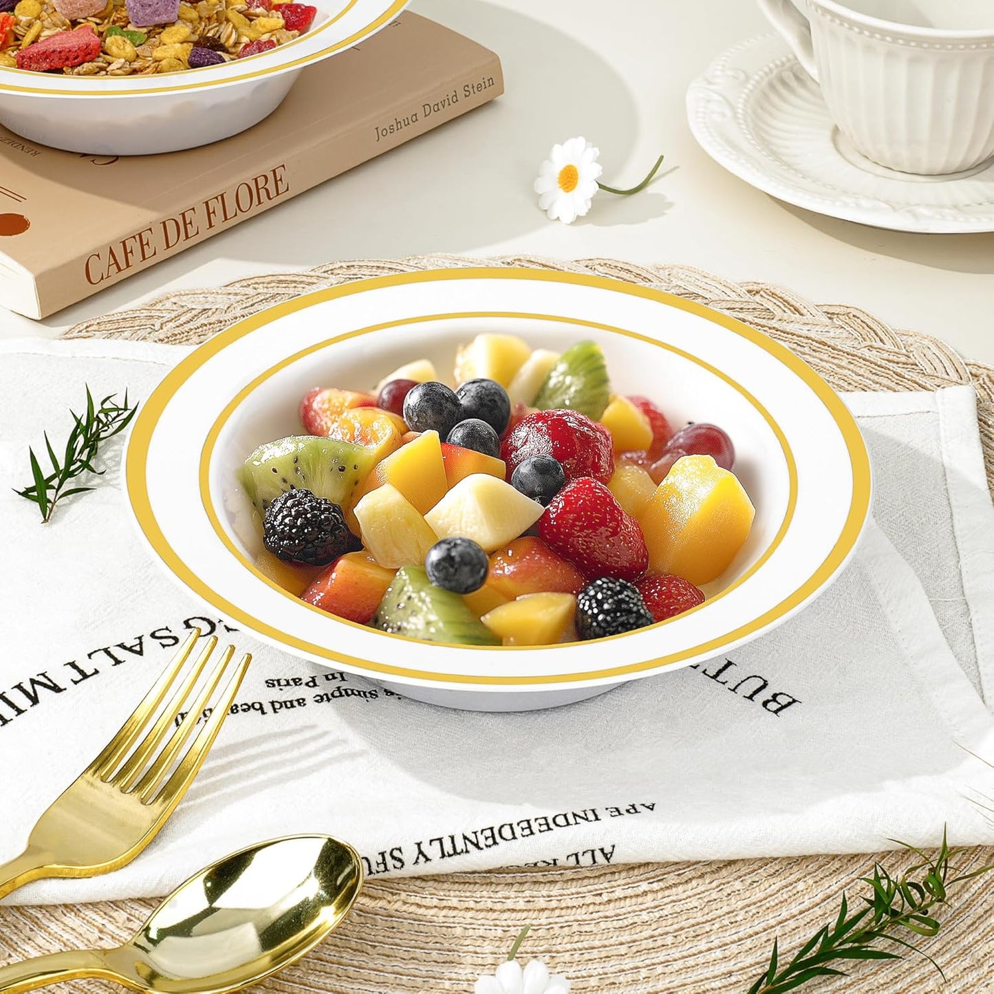 BESTVIP 50 Pack Plastic Bowls with Gold Rim, 12 oz Disposable Soup Bowls, Heavy-duty Dessert Salad Bowl for Party, Wedding, Christmas, Thanksgiving, Dinner, Catering