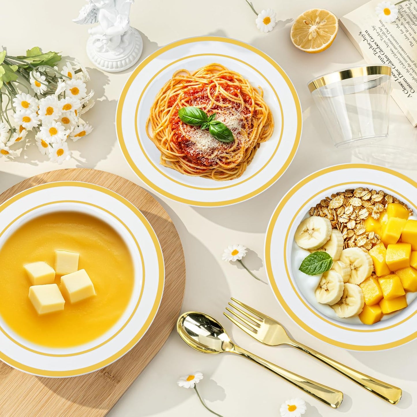 BESTVIP 50 Pack Plastic Bowls with Gold Rim, 12 oz Disposable Soup Bowls, Heavy-duty Dessert Salad Bowl for Party, Wedding, Christmas, Thanksgiving, Dinner, Catering