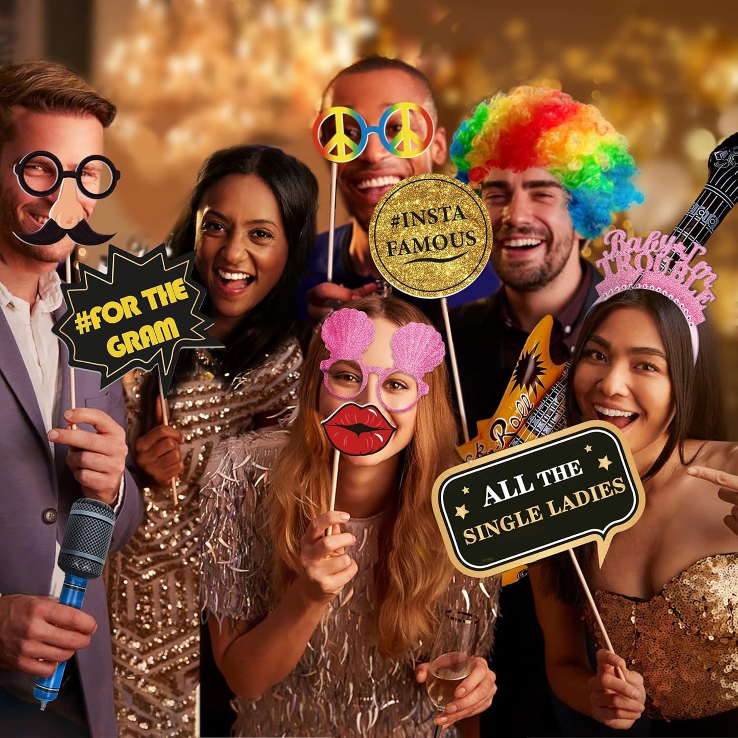 SOUL SHIFT 70 Pc Large Premium Photo Booth Props Set for All Occasions - Wedding Props, Birthday Props, Graduation Prop, Inflatables, Large Glasses, Multi-Colored Wig, Hawaiian Lei, Hand Pump