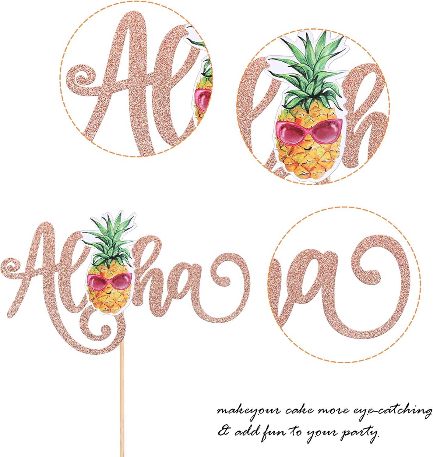 1 Pack Aloha Cake Topper Glitter Pineapple Summer Hawaiian Cake Pick Tropical Fruit Cake Decorations for Summer Baby Shower Aloha Hawaiian Theme Birthday Party Supplies Rosegold