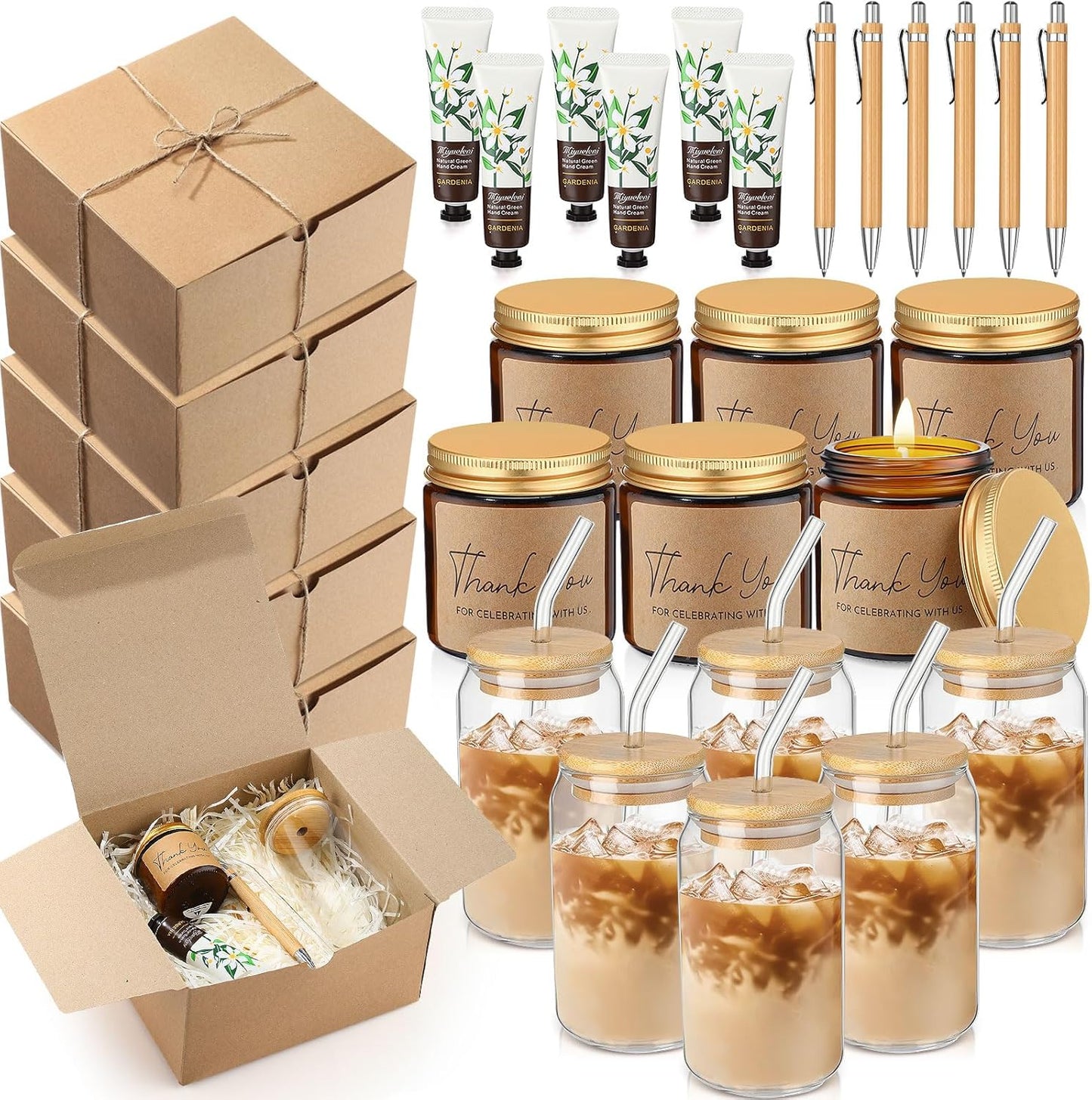 6 Sets Baby Shower Game Prizes for Winners, Glass Cup Scented Candles Hand Cream Pens Gift Box with Raffia for Baby Shower Wedding Bridal Favors for Guests(Khaki)