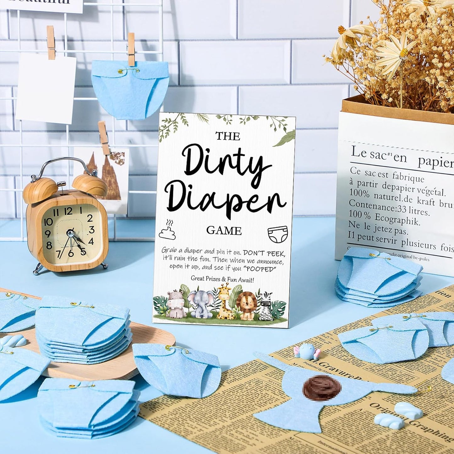 Roowest 51 Pcs Dirty Diaper Baby Shower Games Funny Wooden Sign with 50 Pcs Mini Diapers Cute Felt for Gender Reveal Party Baby Shower(Animals Blue)