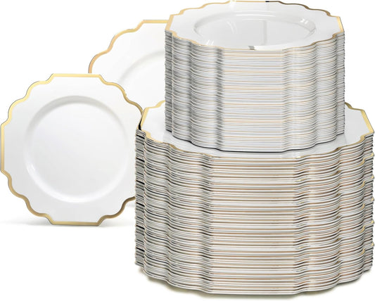 " OCCASIONS " 240 Plates Pack (120 Guests) Heavyweight Wedding Party Disposable Plastic Plates Set -120 x 10.5'' Dinner + 120 x 8'' Salad/Dessert Plate (Imperial White & Gold)